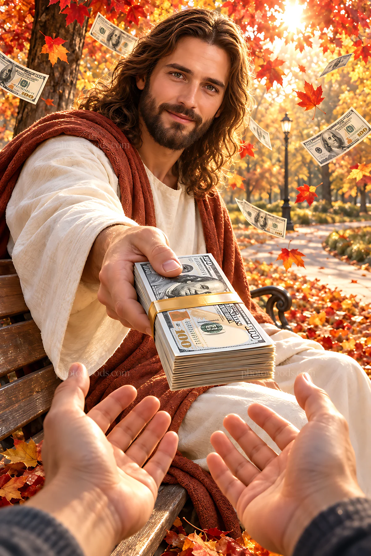 Autumn park bench with money exchange in a falling leaf setting - AI-generated stock image