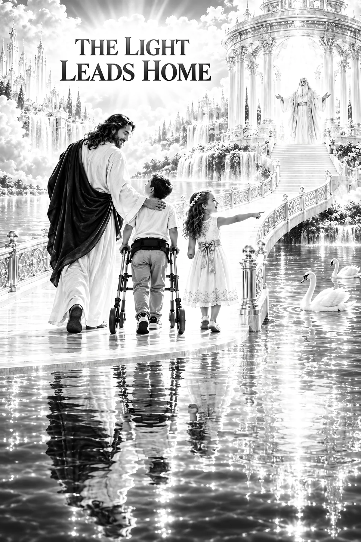 Jesus Christ guiding children towards a heavenly home - AI-generated stock image