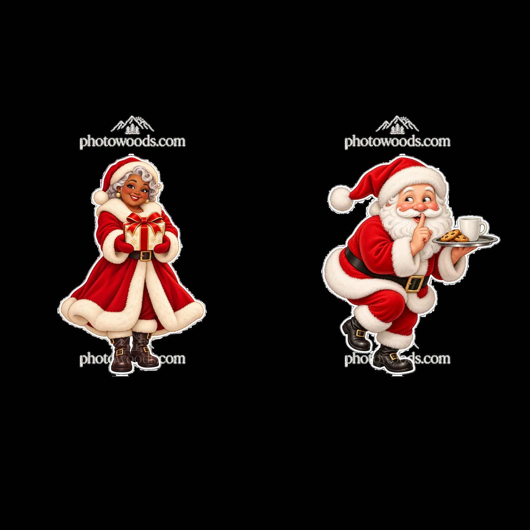 Santa Claus holds a cookie and drink while Mrs. Claus gives a gift - AI-generated stock image