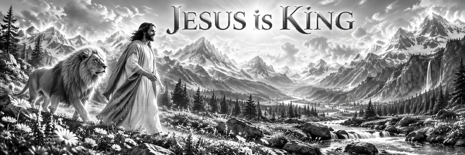 Jesus Christ walking with a lion in a mountain landscape - AI-generated stock image