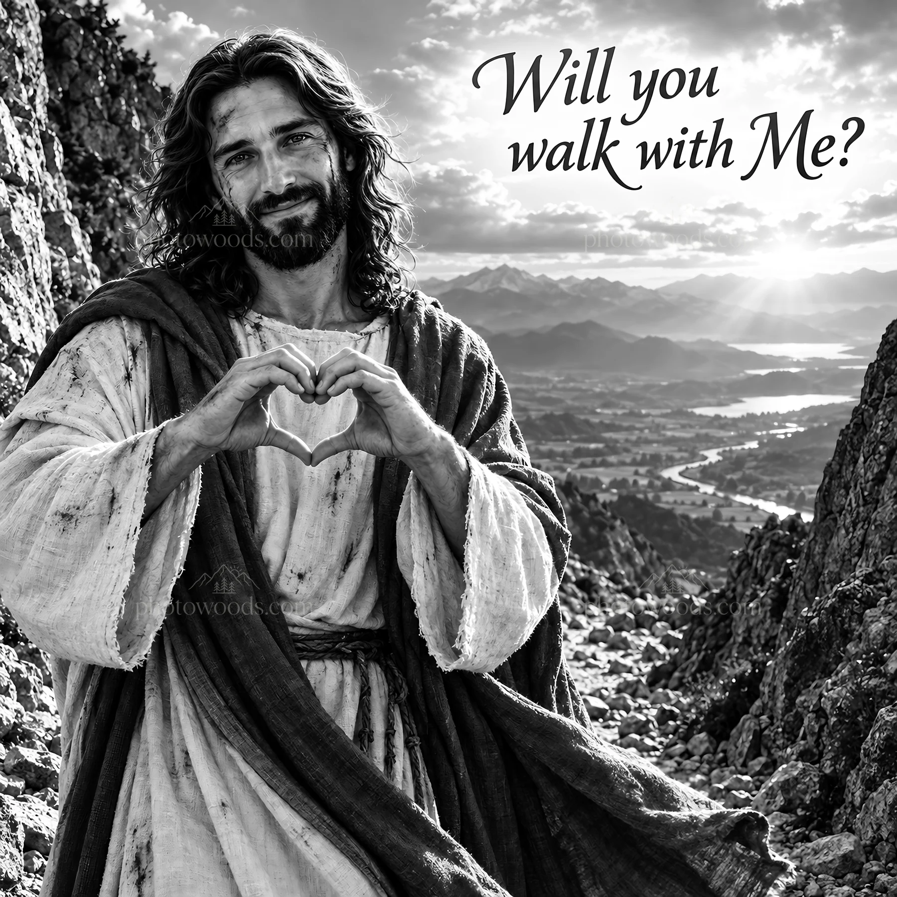 Jesus Christ inviting companionship in a mountain scene - AI-generated stock image