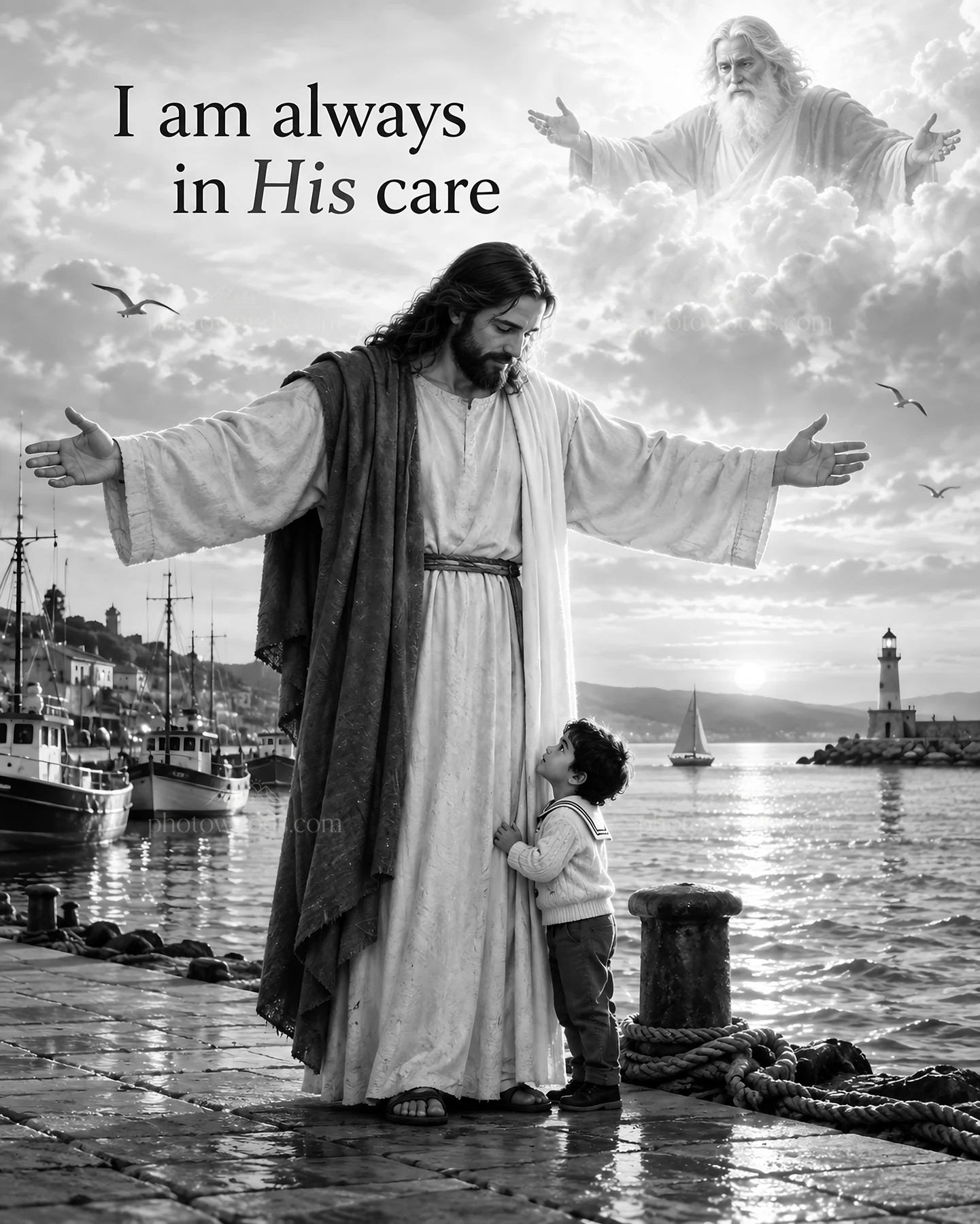 Jesus Christ comforting a child by the waterfront - AI-generated stock image