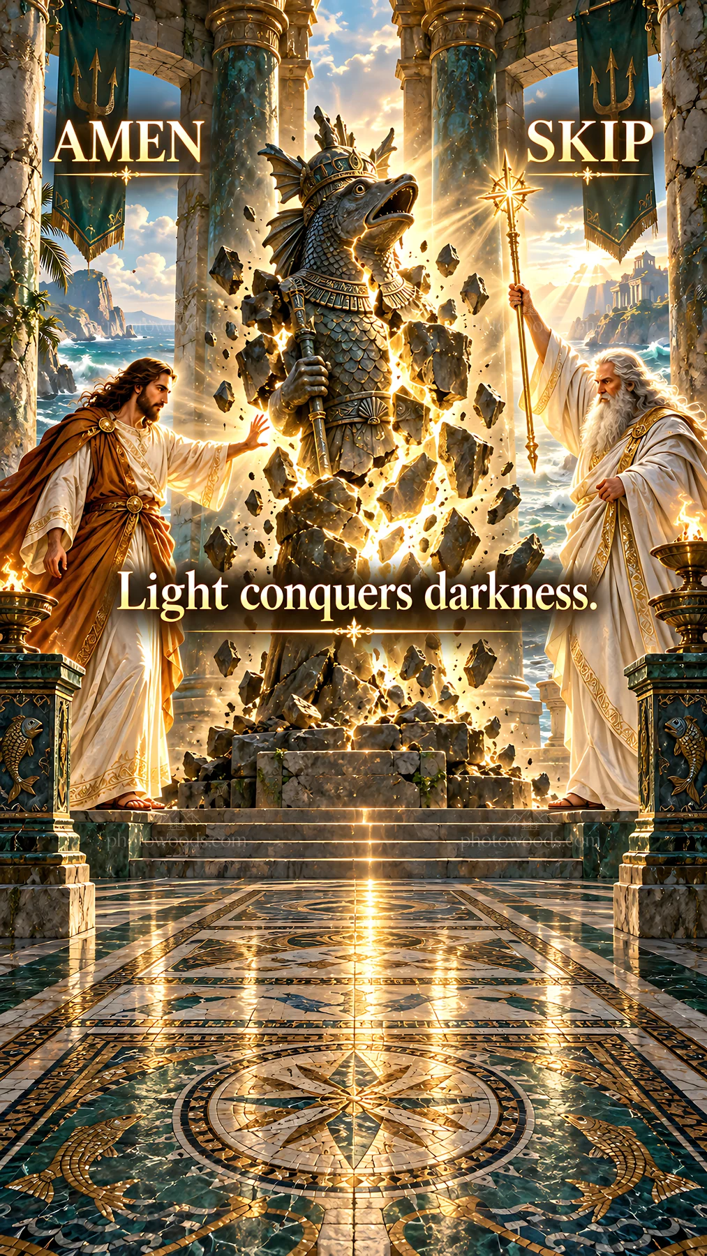 Jesus Christ overcoming darkness in a divine scene - AI-generated stock image