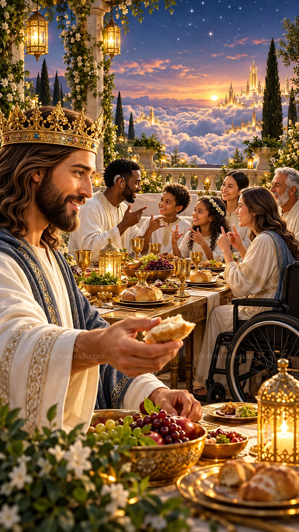 Jesus Christ sharing a meal with people in a joyful setting - AI-generated stock image