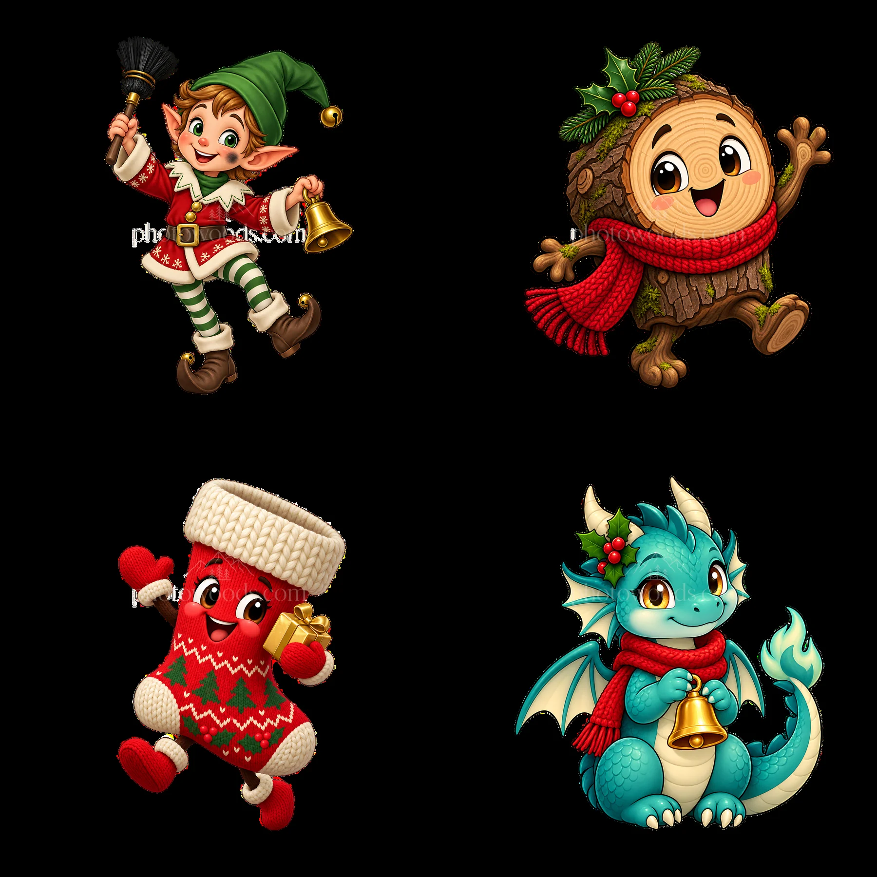 Four cartoon figure stickers in a square arrangement - AI-generated stock image