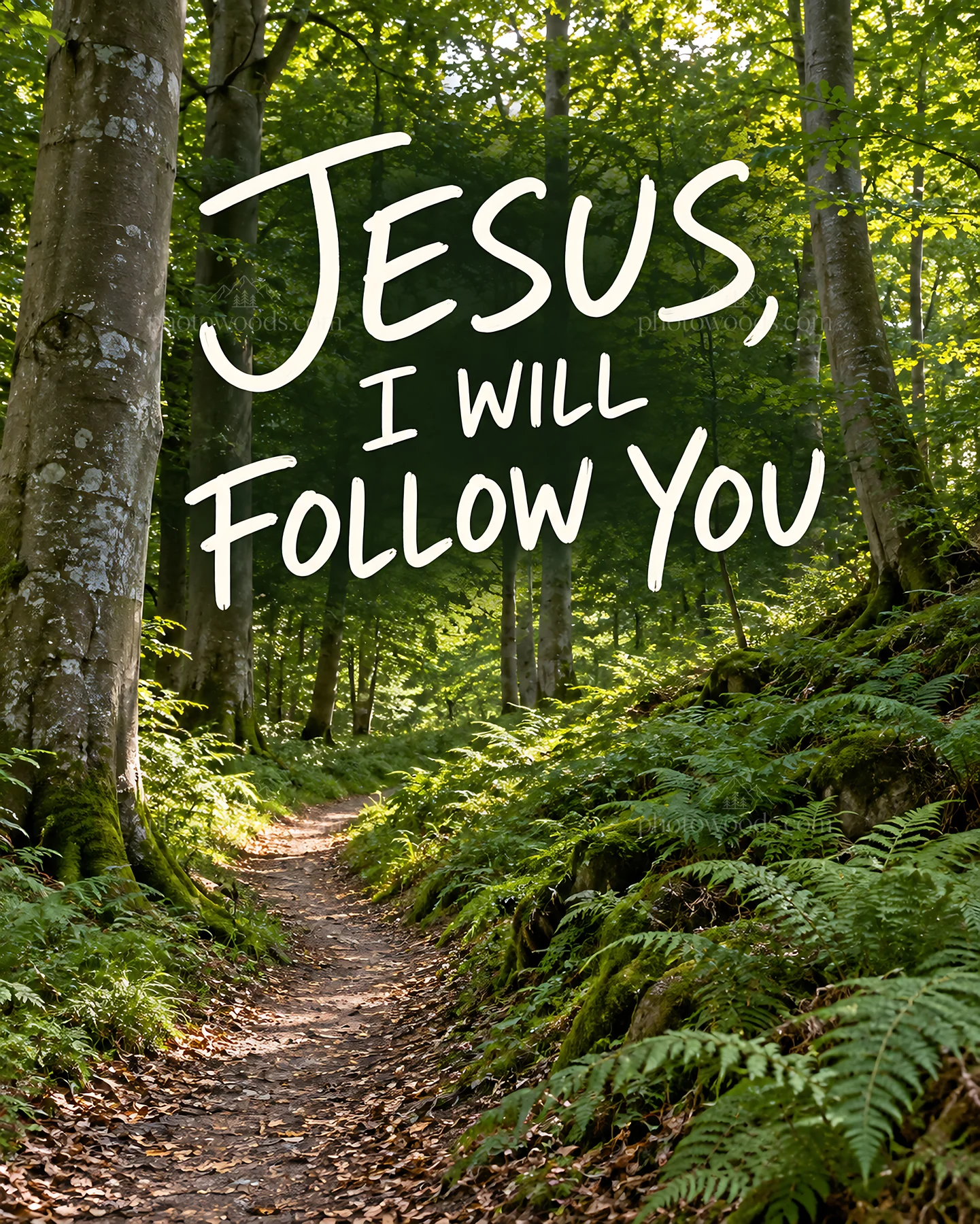 Jesus Christ I will follow you on a forest path - AI-generated stock image