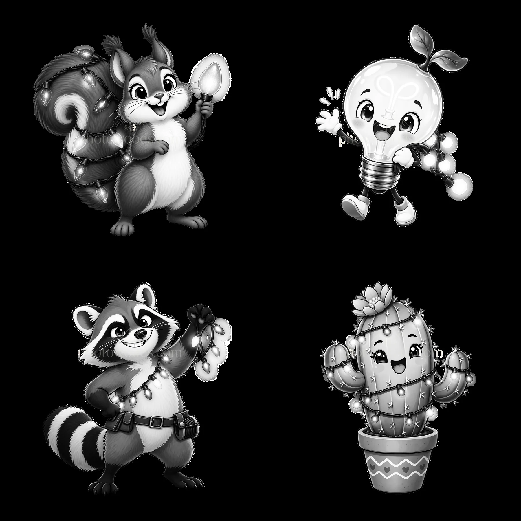Cute animals and characters with string lights in black and white - AI-generated stock image