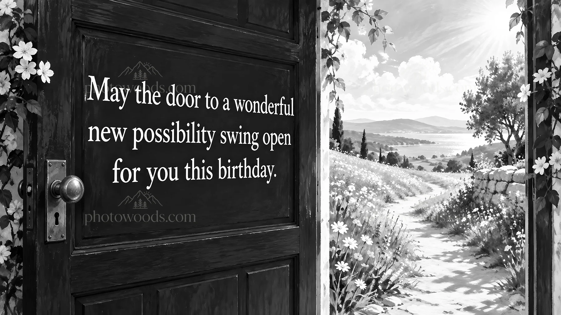 Monochrome Birthday Doorway Greeting Card - AI-generated stock image