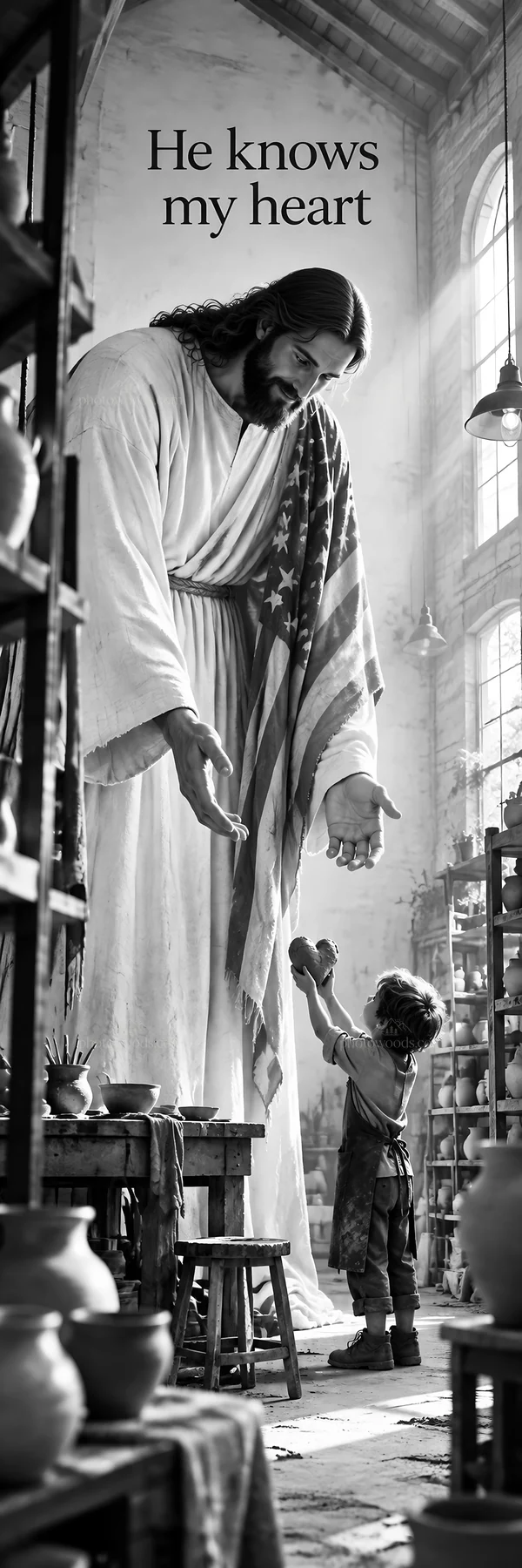 Jesus Christ welcomes a child with open arms - AI-generated stock image