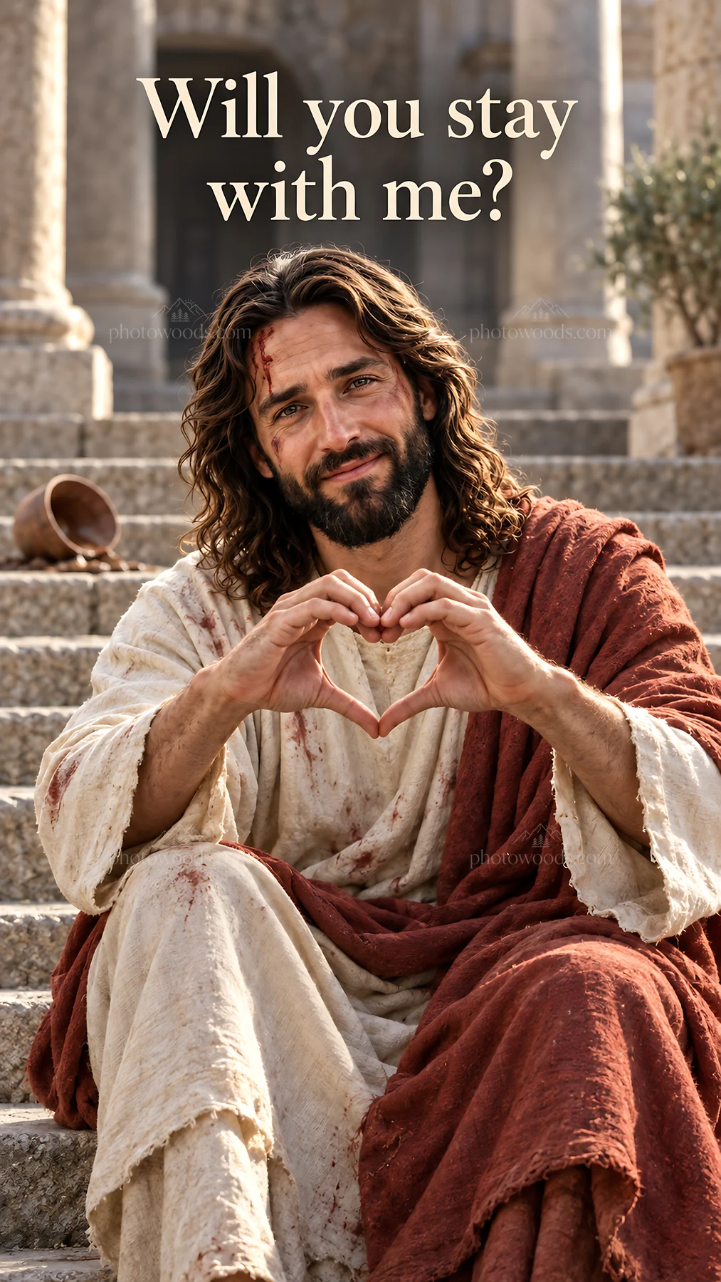 Jesus Christ inviting the viewer with a heart gesture - AI-generated stock image