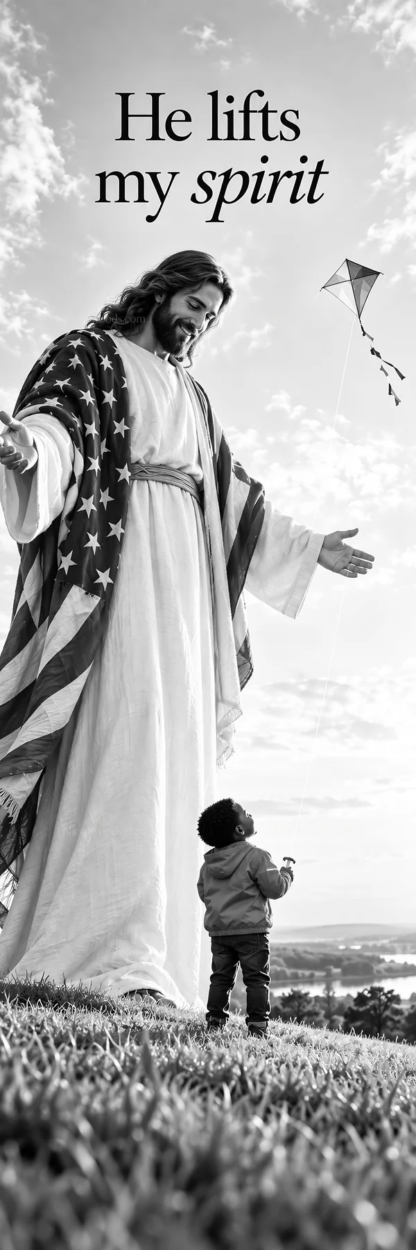 Jesus Christ lifts a child’s spirit with a kite - AI-generated stock image