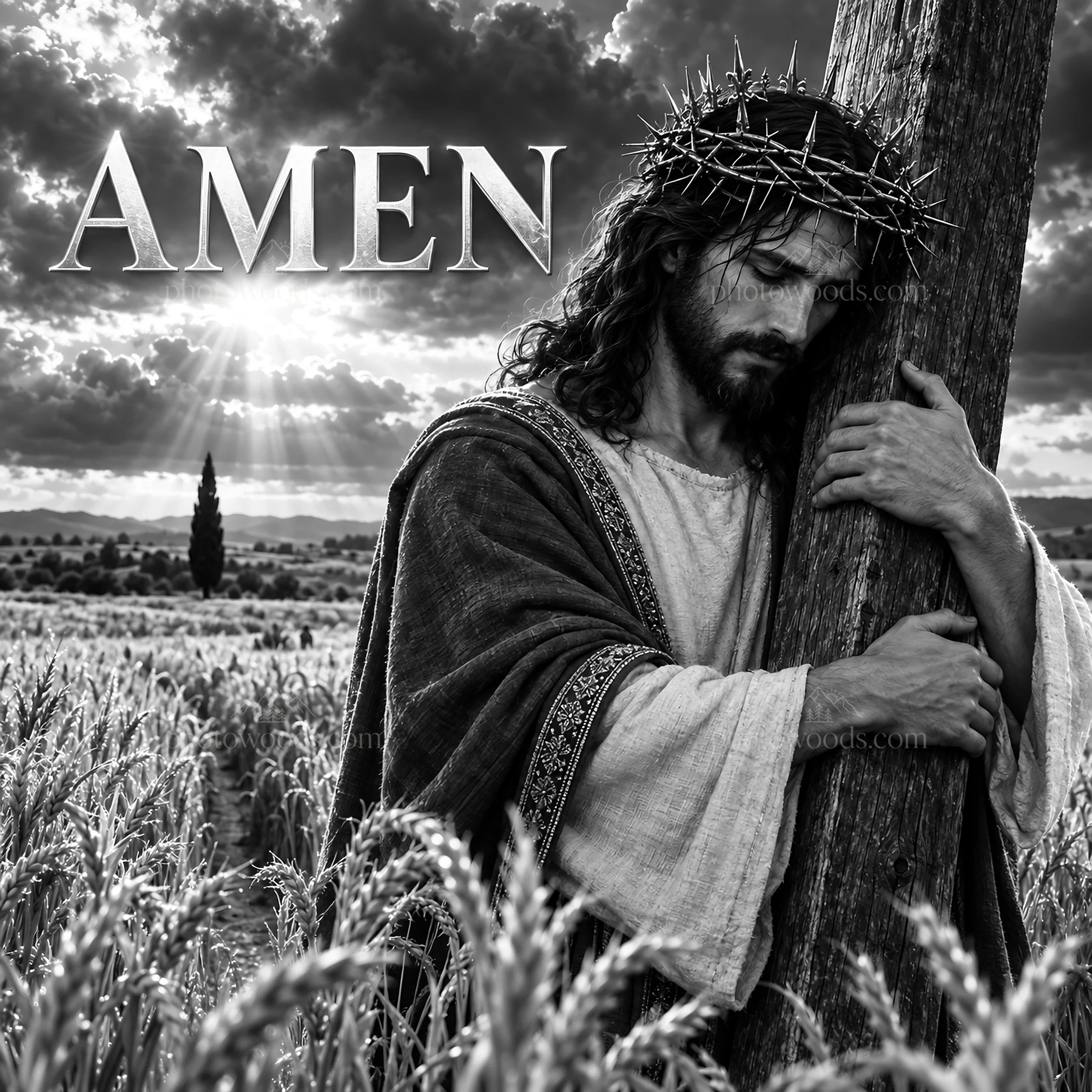 Jesus Christ carries the cross in a field of wheat - AI-generated stock image