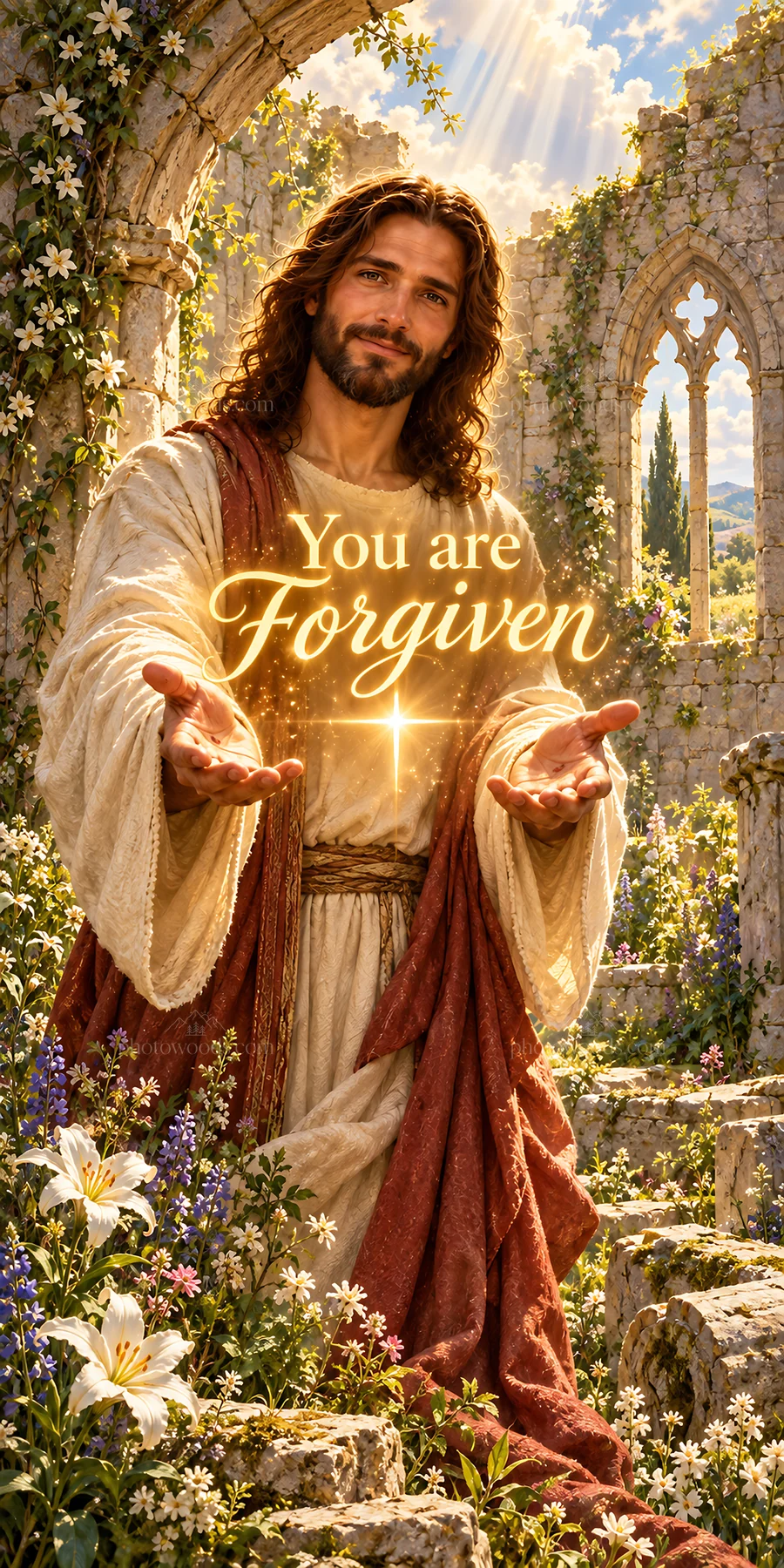 Jesus Christ welcoming and offering forgiveness in a serene setting - AI-generated stock image