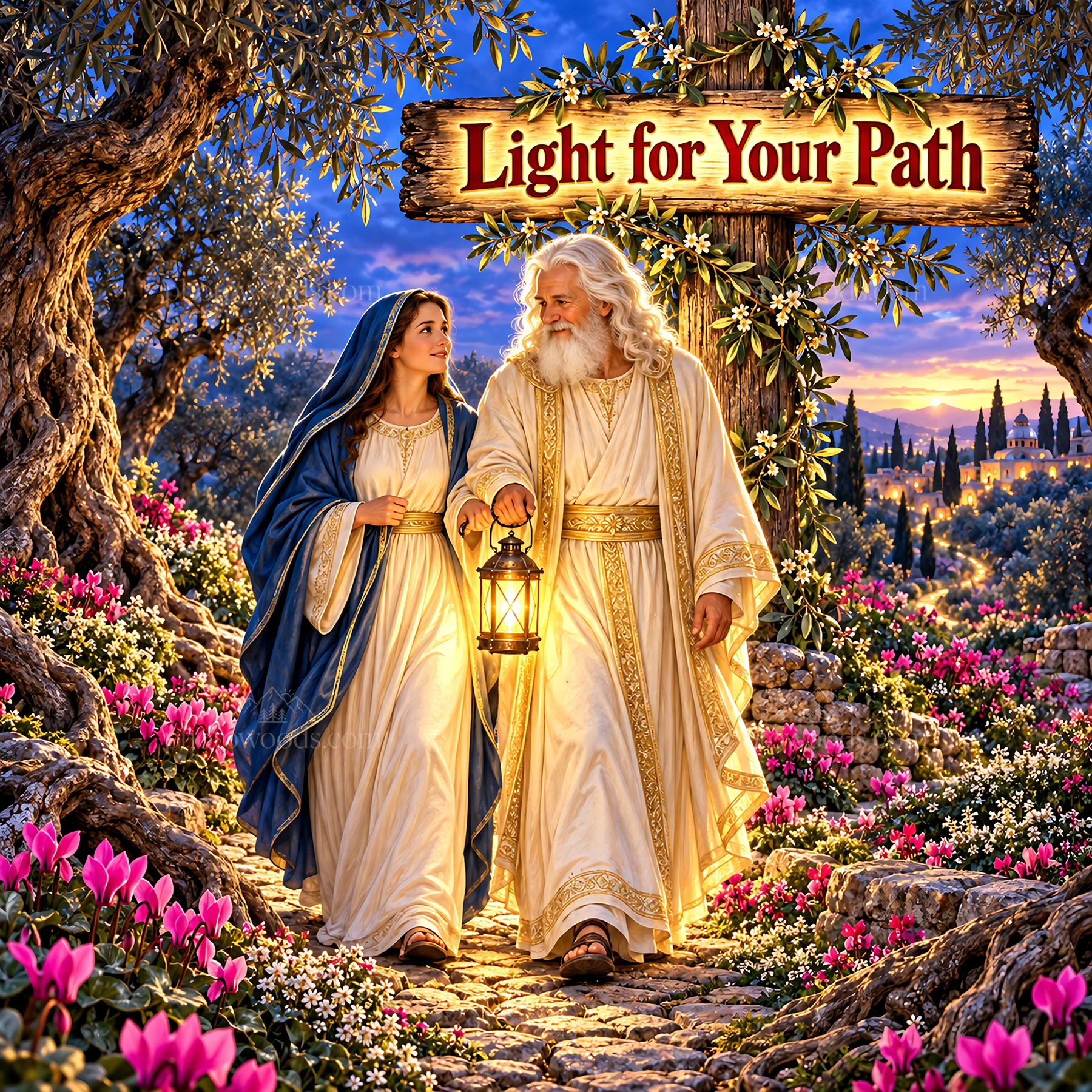 Jesus Christ walking with a woman in a garden path - AI-generated stock image