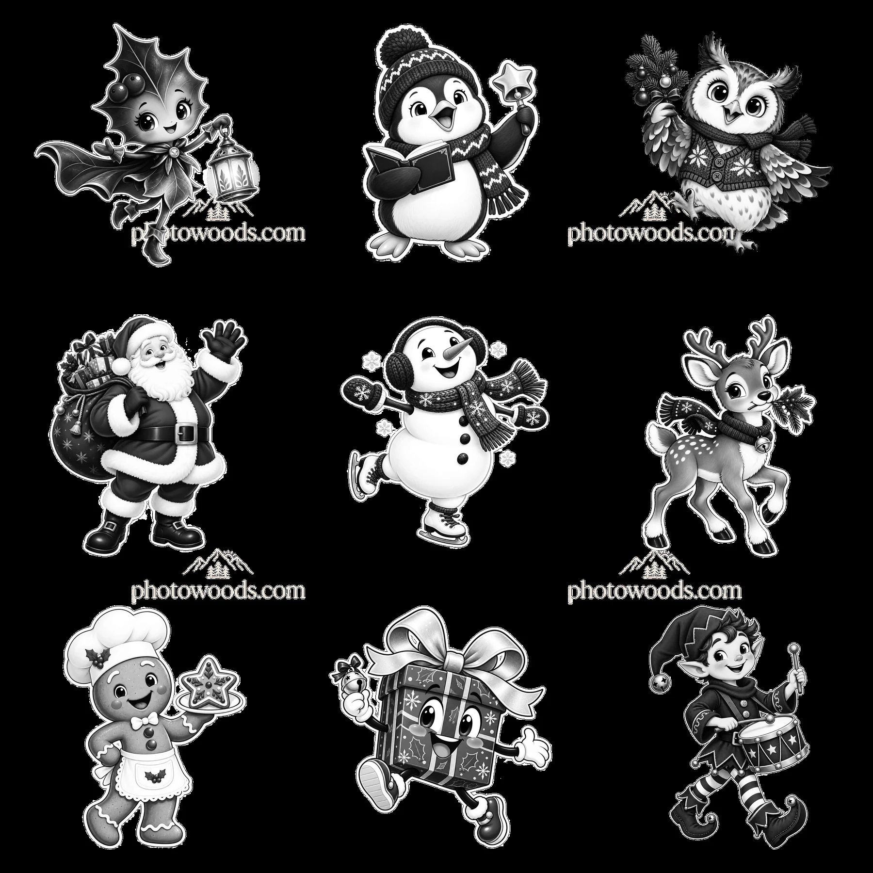 Monochrome nine cartoon figure stickers in a square arrangement - AI-generated stock image