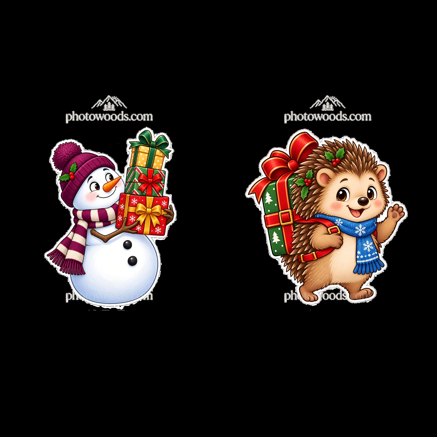 Snowman and hedgehog carrying Christmas presents together - AI-generated stock image