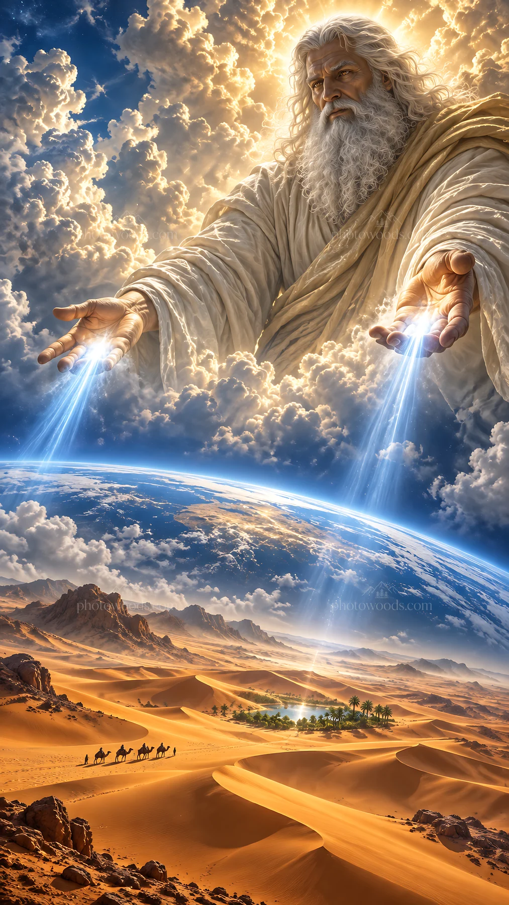 Jesus Christ reaching out with compassion to the world - AI-generated stock image