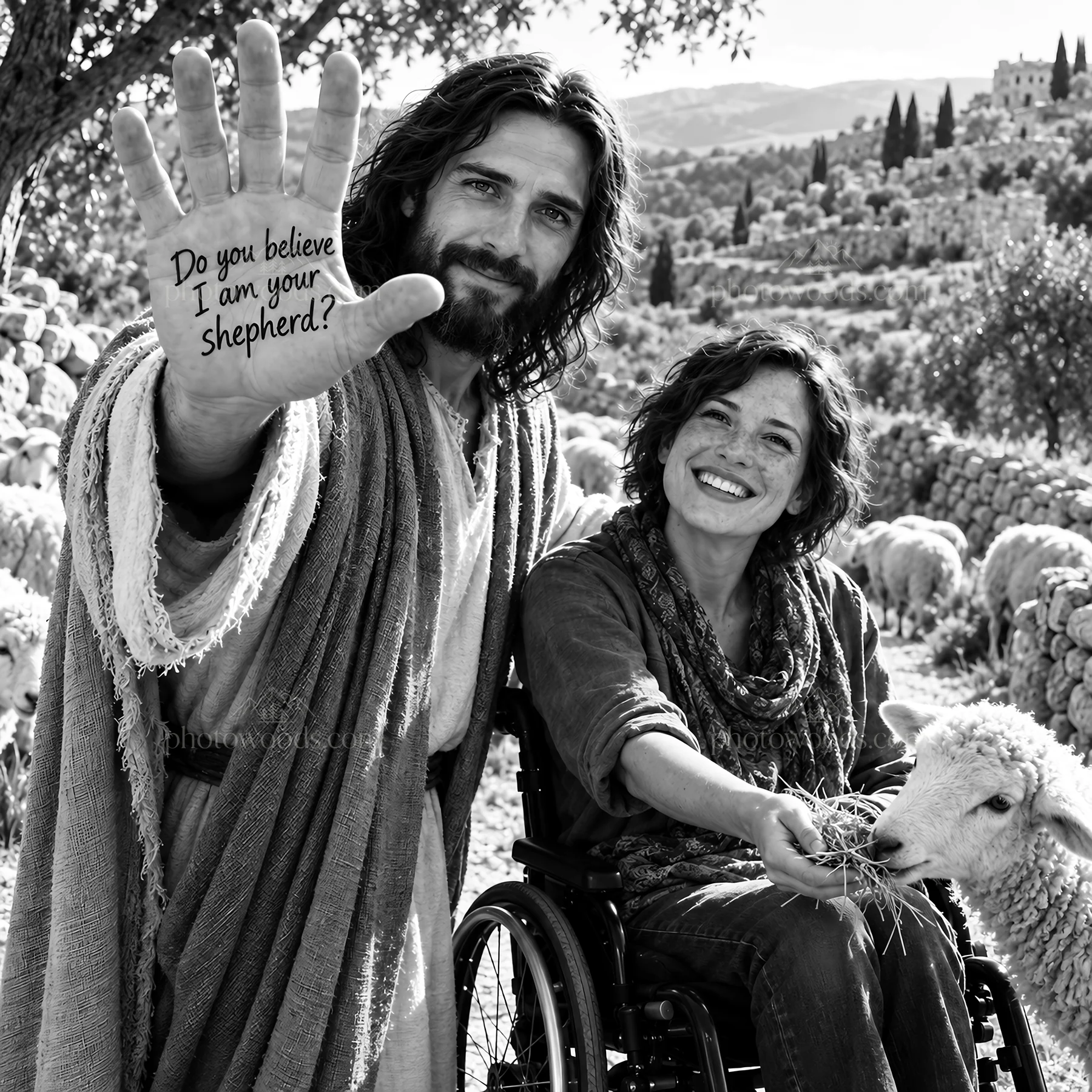 Jesus Christ offering comfort and assurance to a woman - AI-generated stock image