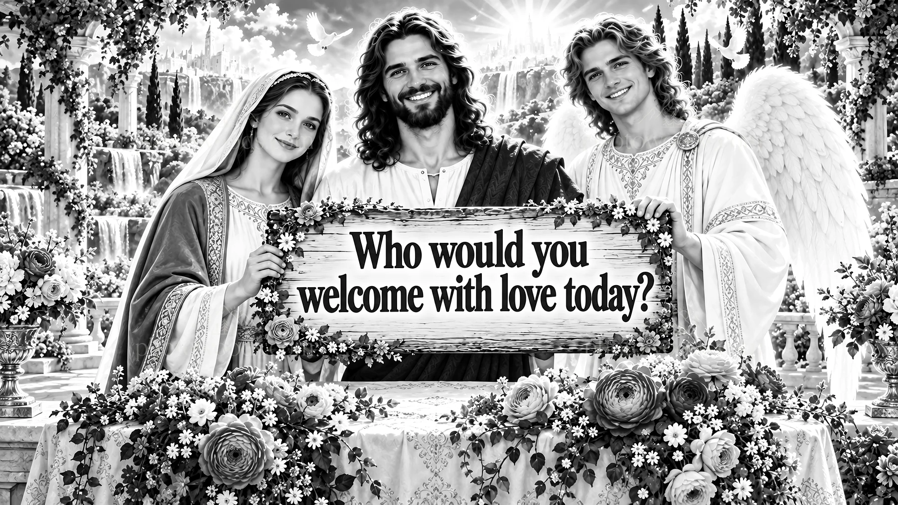 Jesus Christ inviting love and kindness in a joyful setting - AI-generated stock image