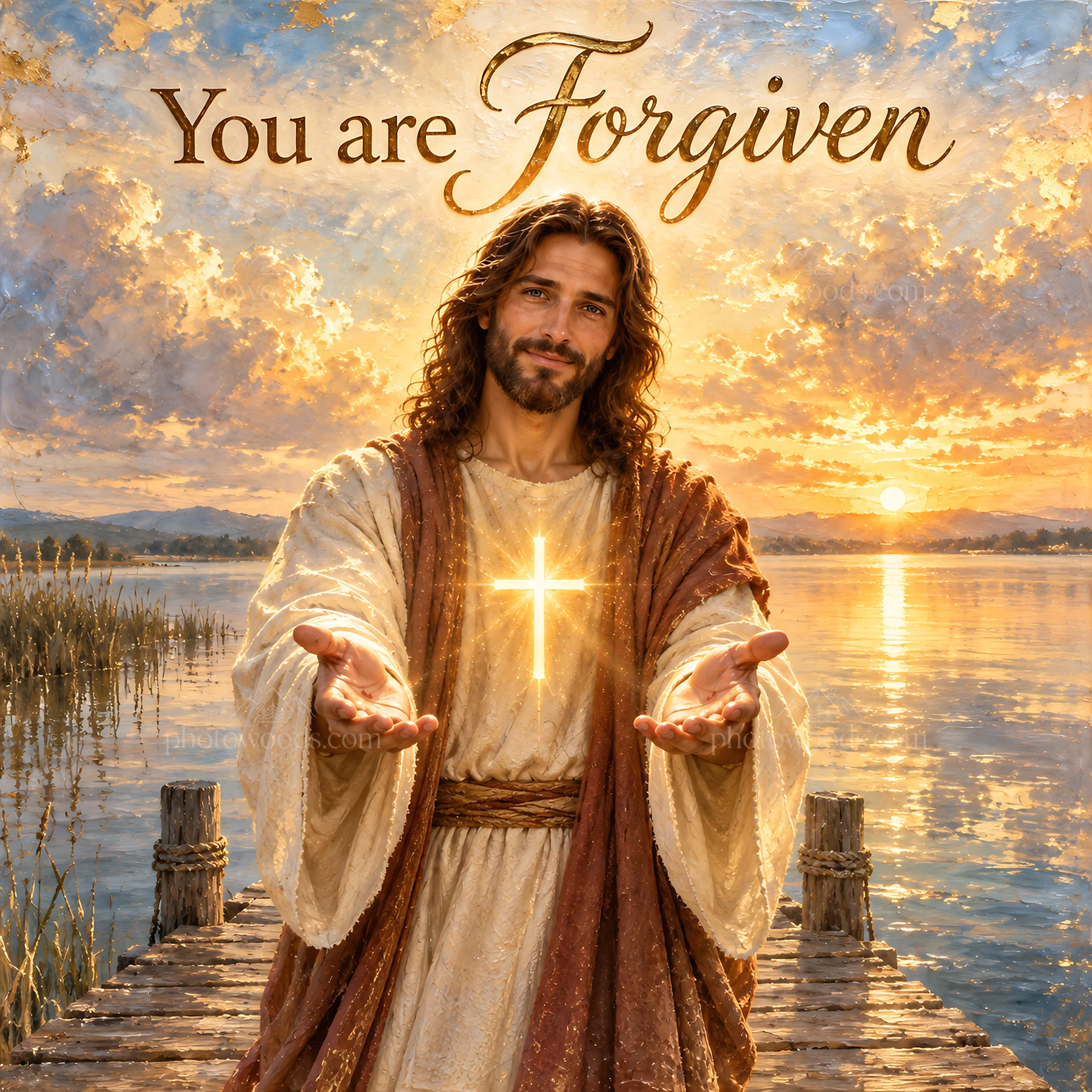 Jesus Christ welcomes with arms open by the water - AI-generated stock image