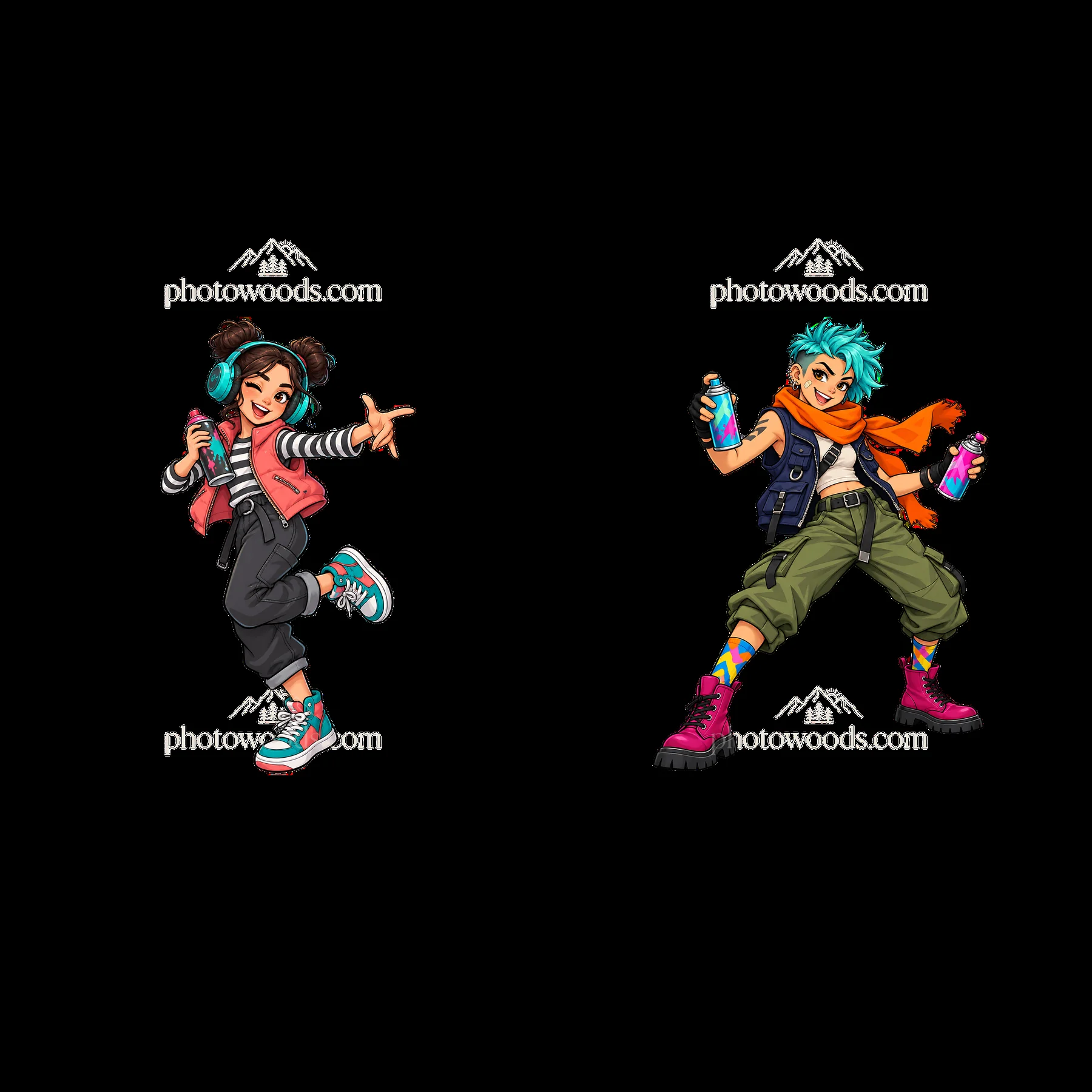 Cool graffiti sprayer duo with colorful outfits and spray cans - AI-generated stock image