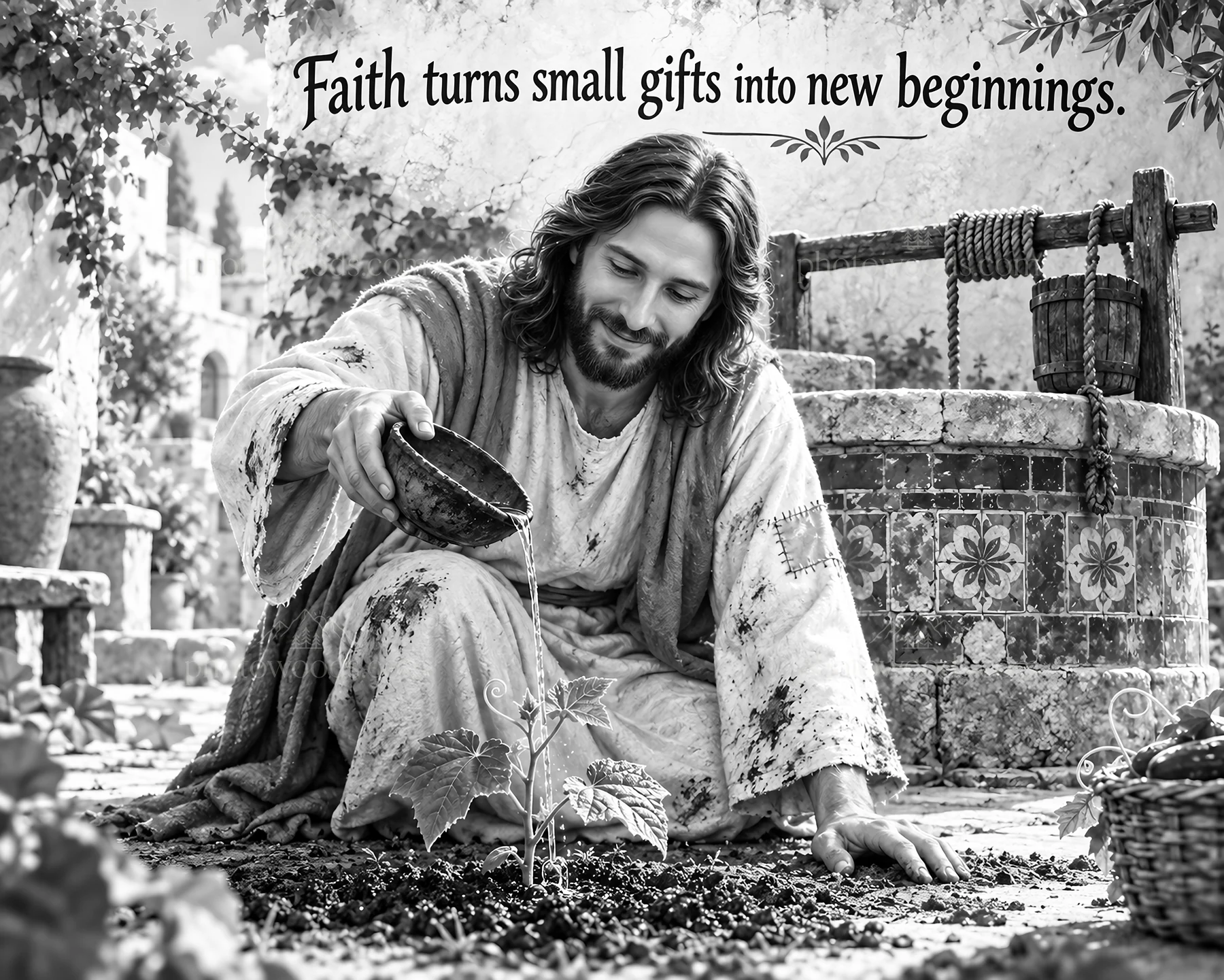 Jesus Christ nurturing a plant by a well - AI-generated stock image
