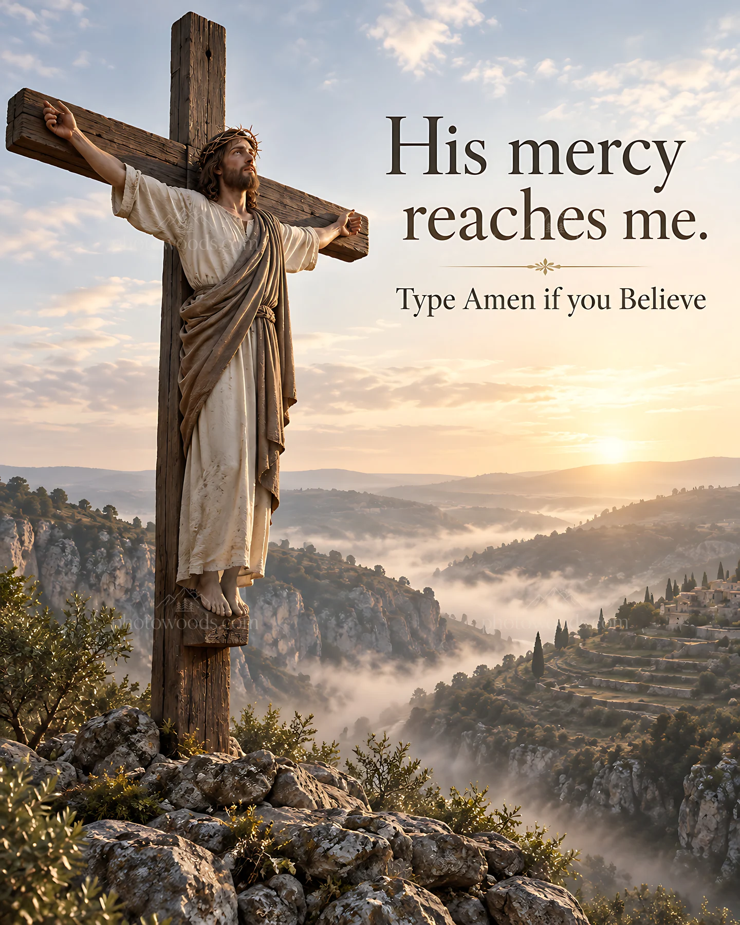 Mercy above the valley shows a figure on a cross - AI-generated stock image
