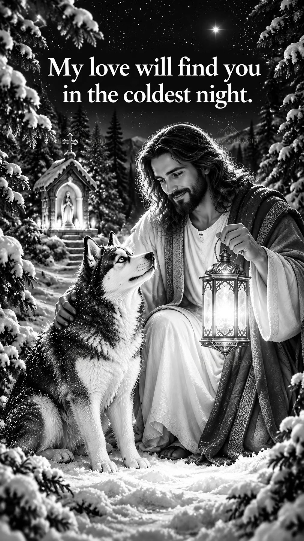 Jesus Christ comforting a dog in a snowy setting - AI-generated stock image