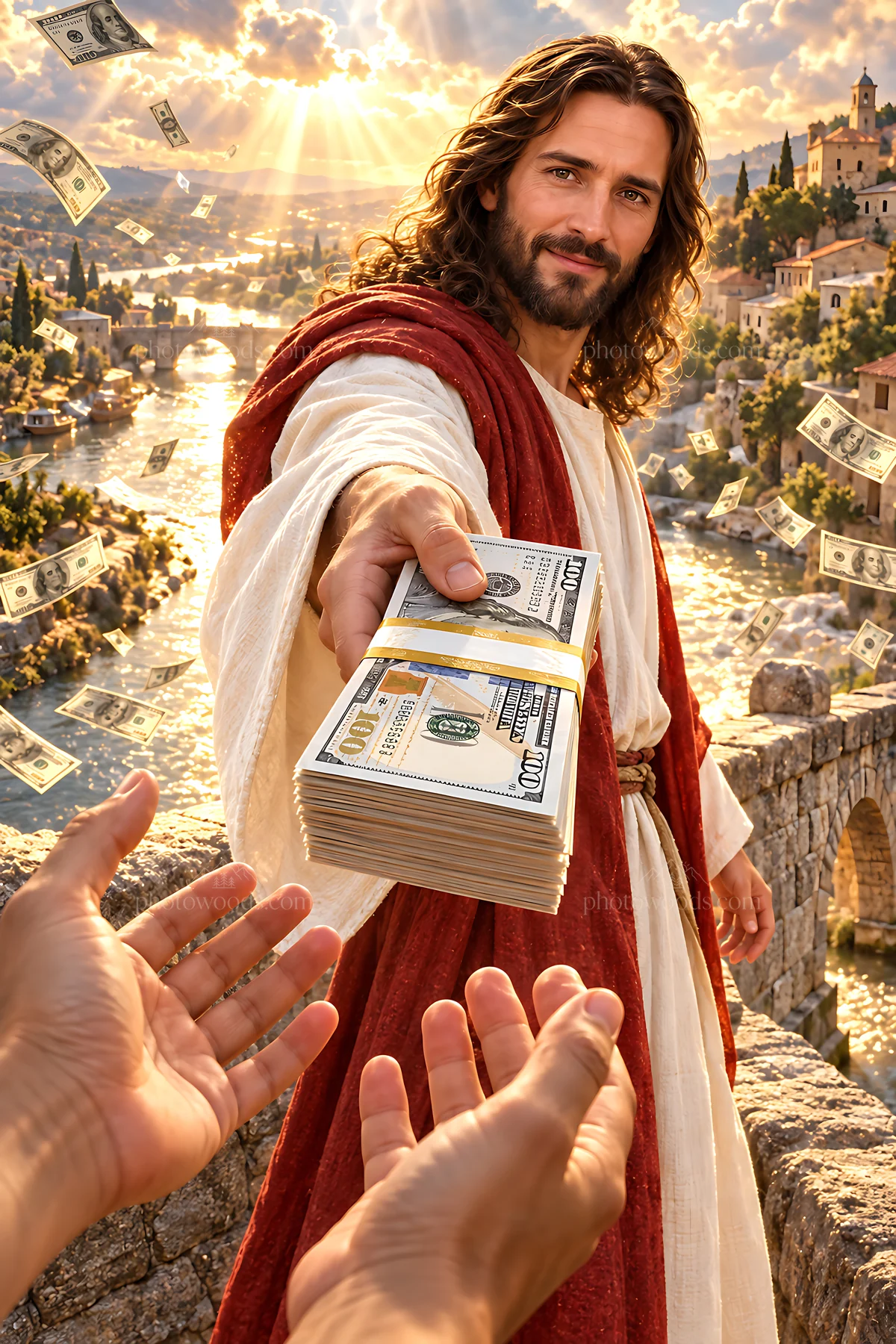 Jesus handing money across the river - AI-generated stock image
