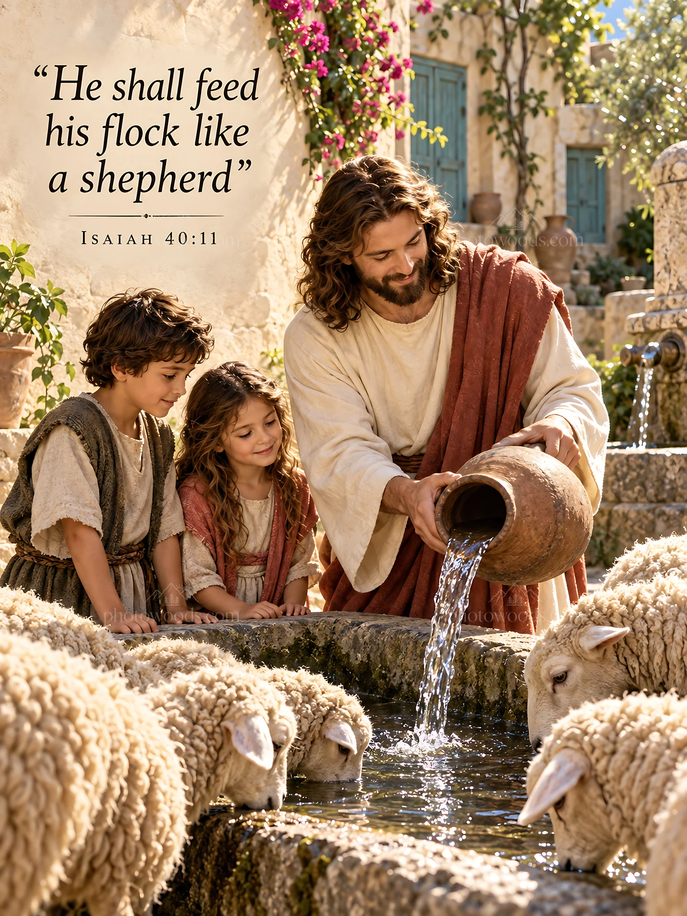Jesus Christ feeding his flock by the water - AI-generated stock image
