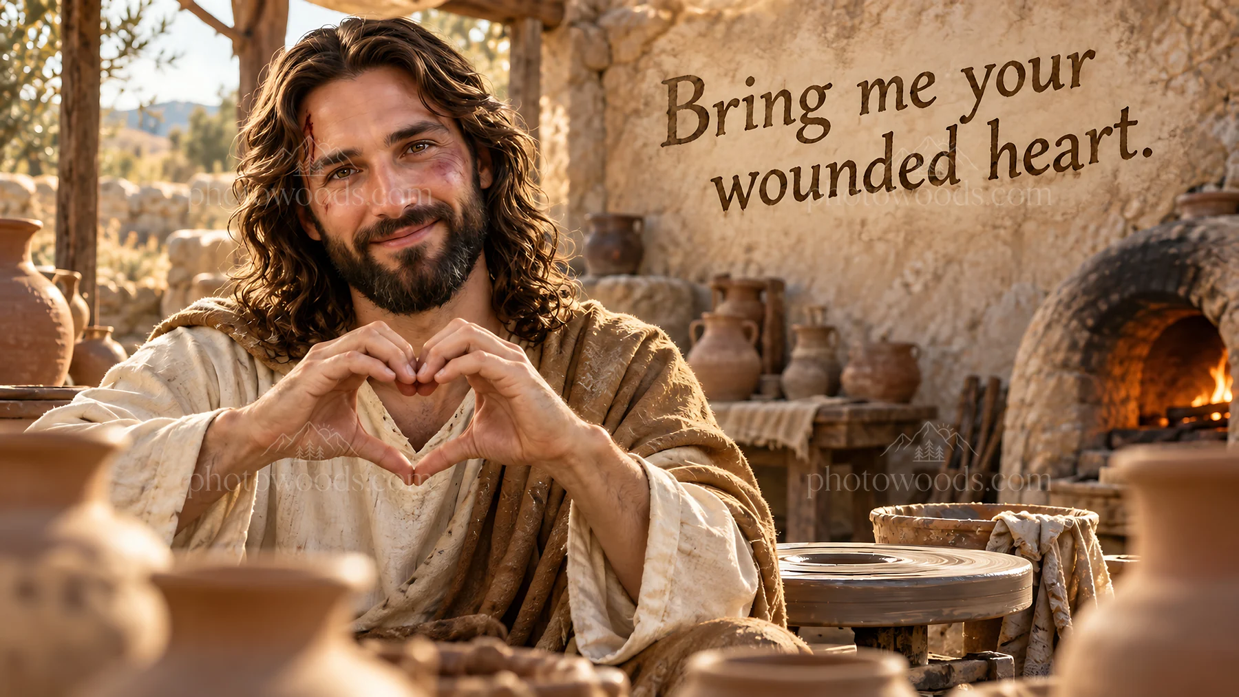 Jesus Christ inviting the wounded heart in a peaceful setting - AI-generated stock image