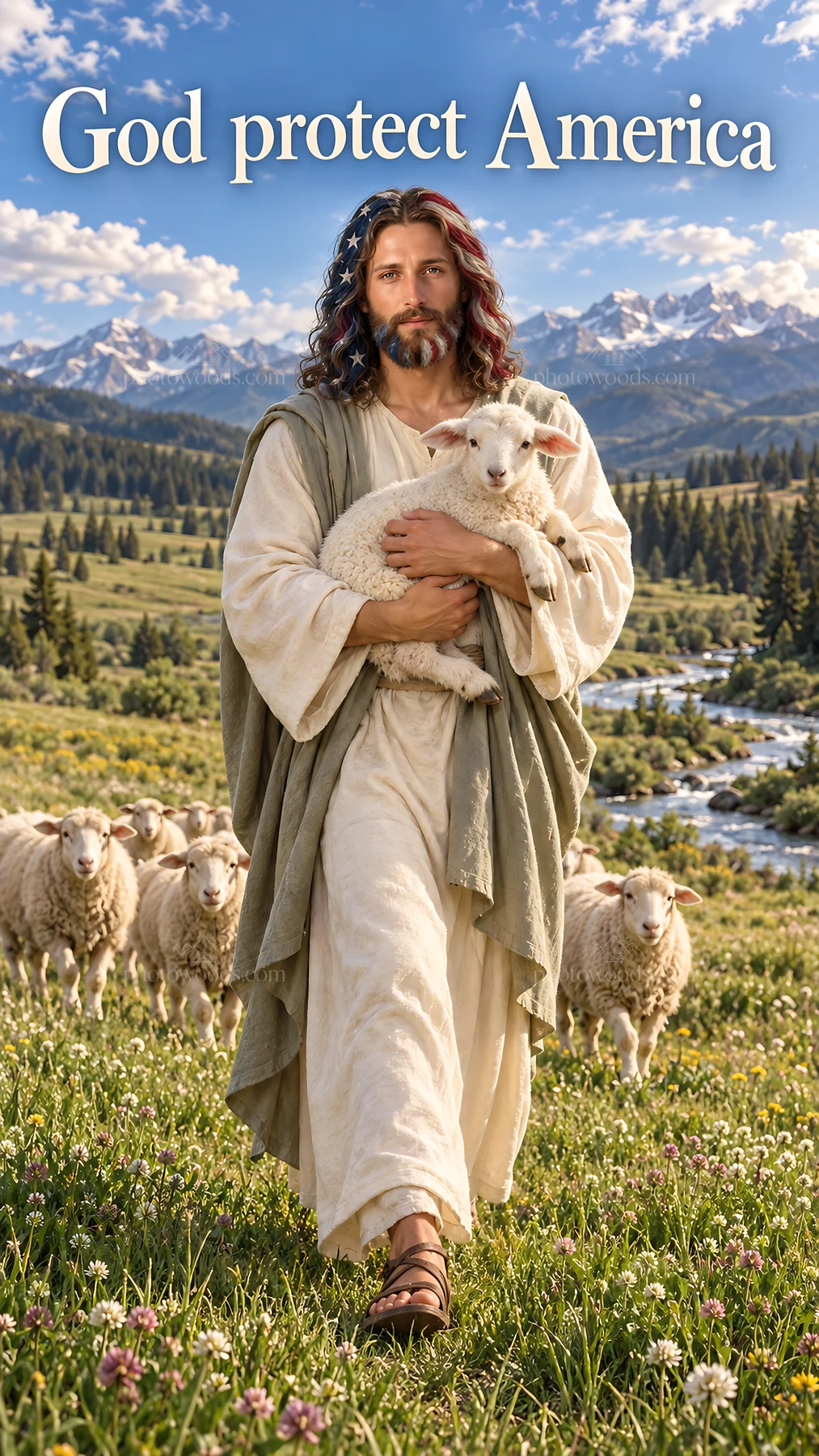 Jesus Christ carrying a lamb through a green valley - AI-generated stock image