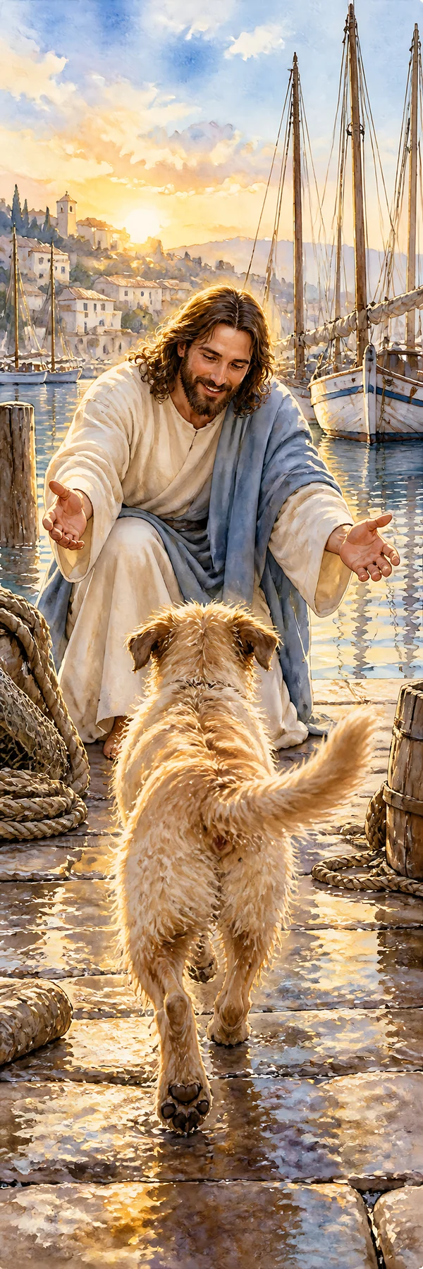Jesus Christ welcoming a dog by the water - AI-generated stock image