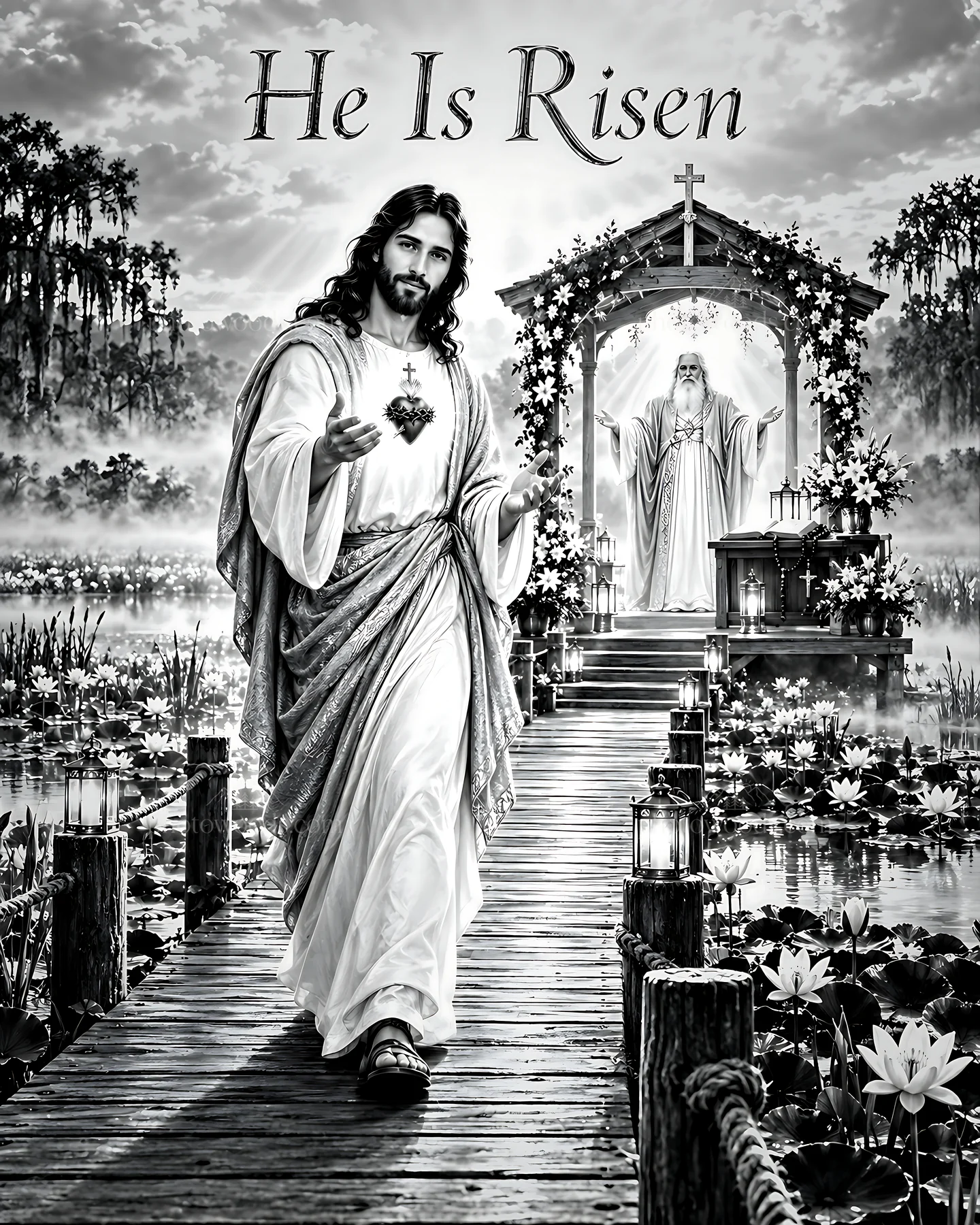 He is risen in the Lily Marsh - AI-generated stock image