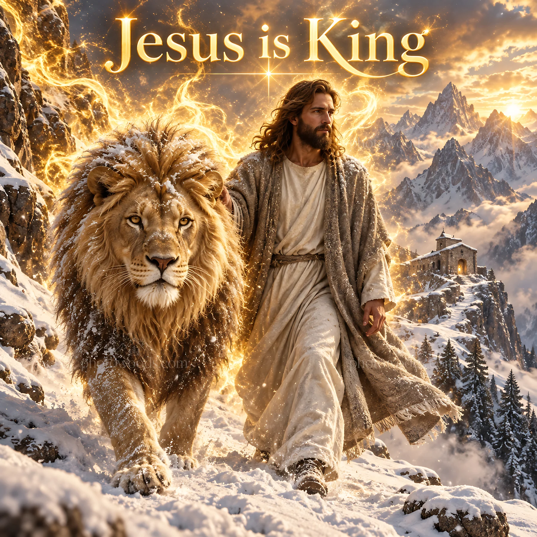 Jesus Christ walking with a lion in a mountainous landscape - AI-generated stock image