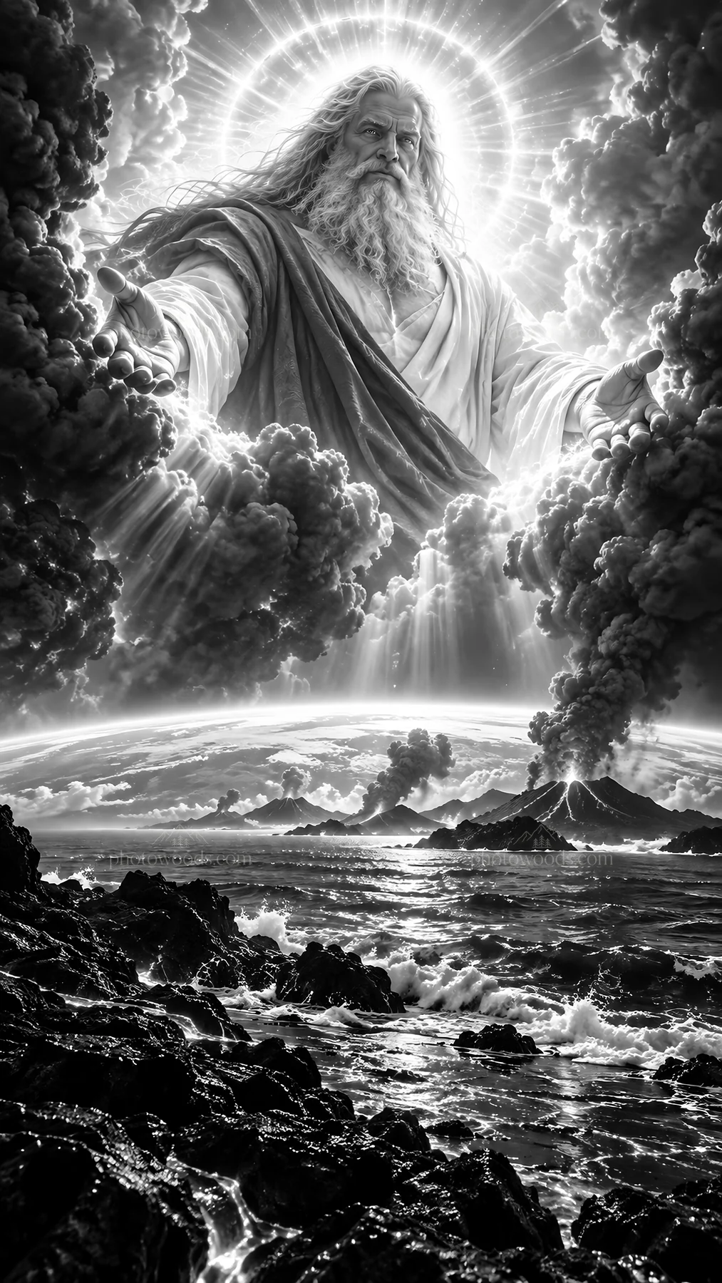 Jesus Christ welcoming with open arms in a dramatic setting - AI-generated stock image