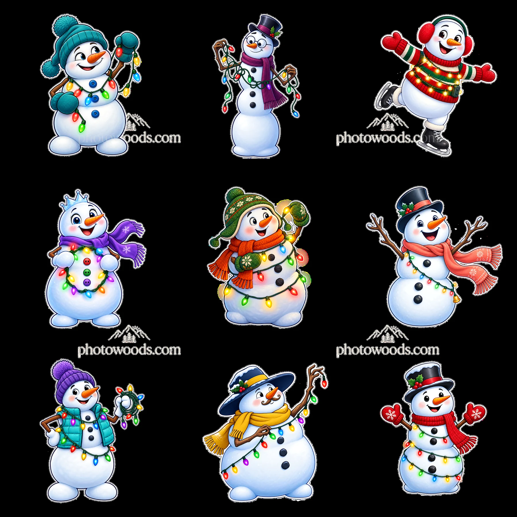 Snowmen with string lights celebrating winter in a 3x3 layout - AI-generated stock image