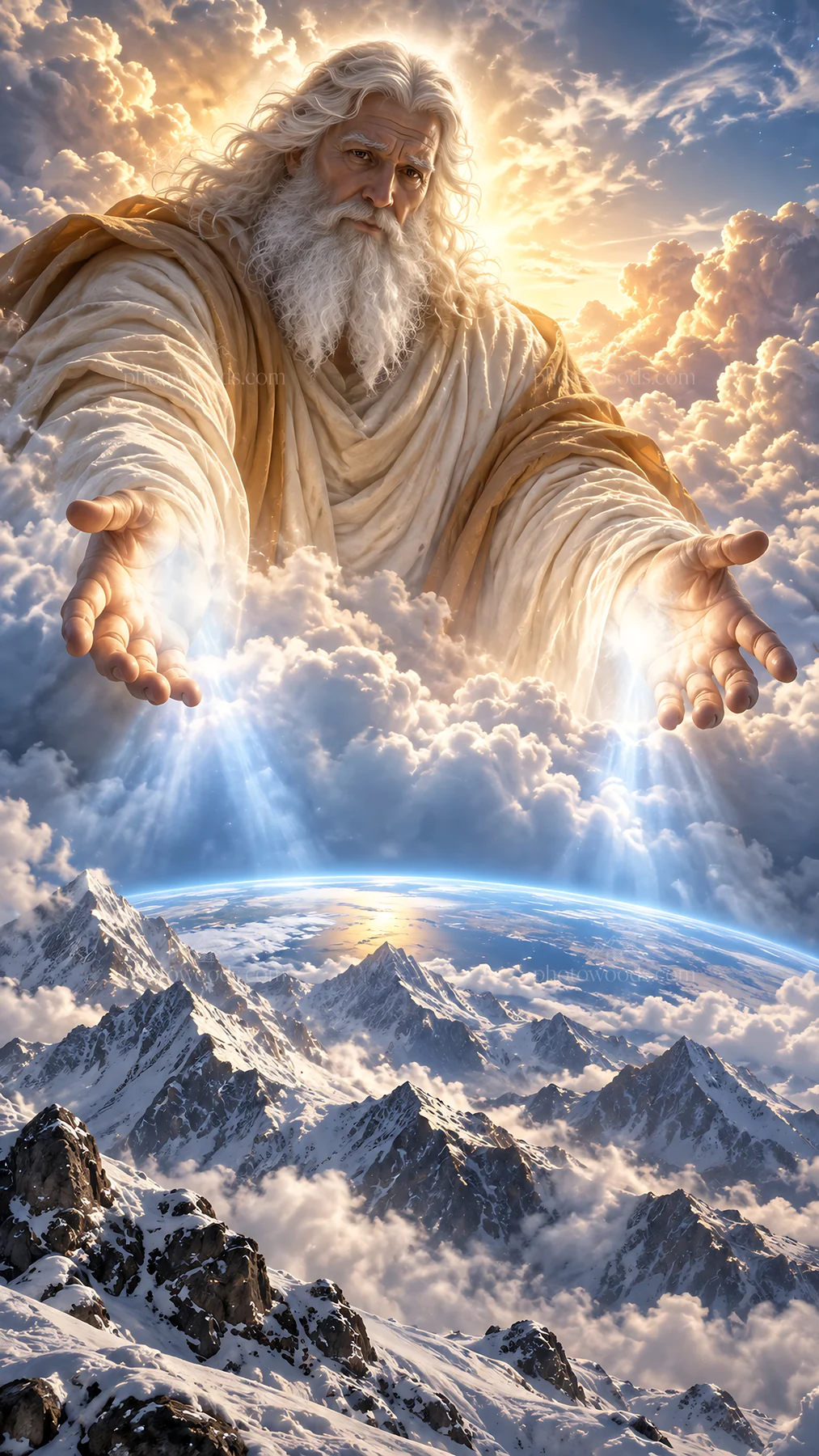 Jesus Christ reaching out from the clouds to the earth - AI-generated stock image
