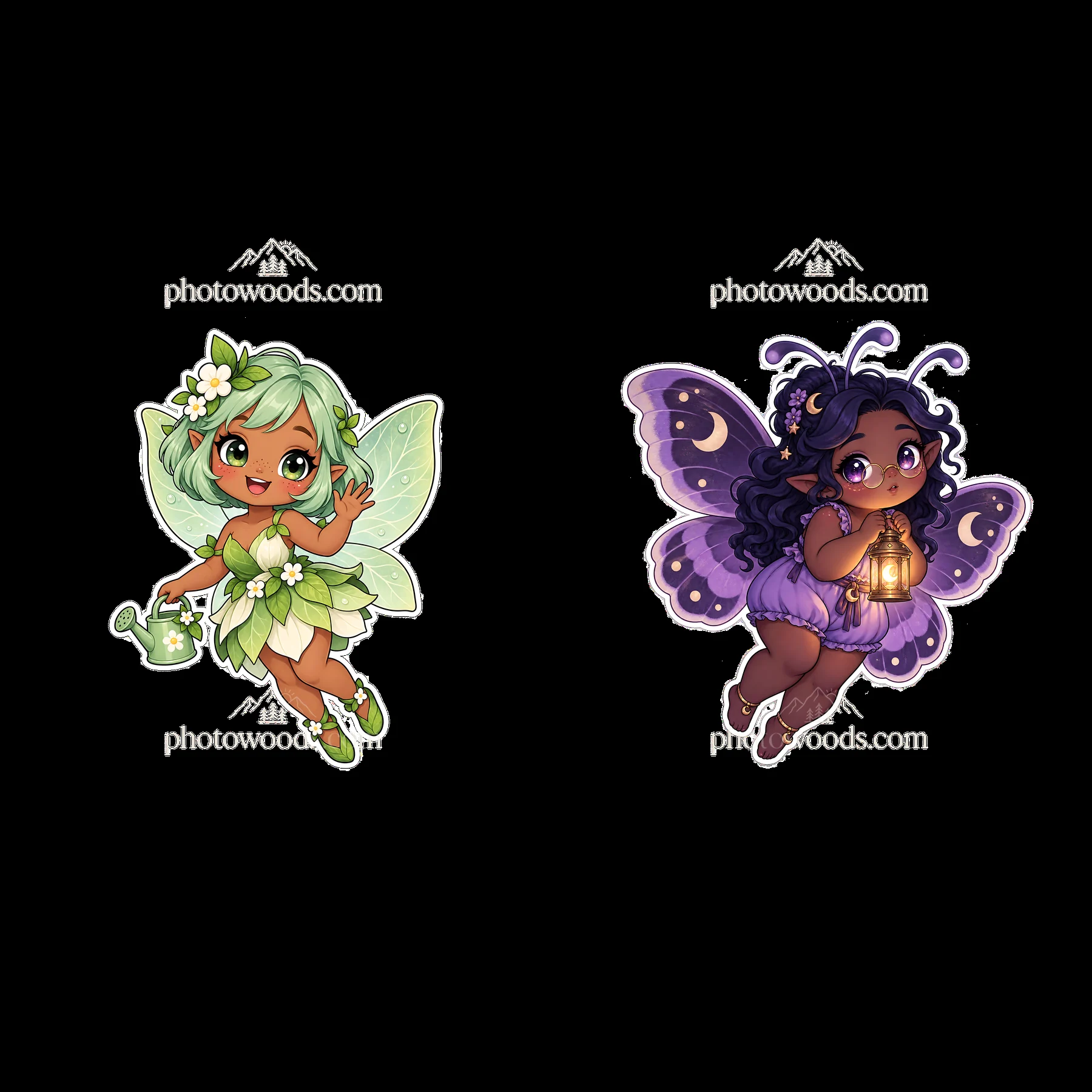 Charming kawaii fairies with watering can and lantern - AI-generated stock image