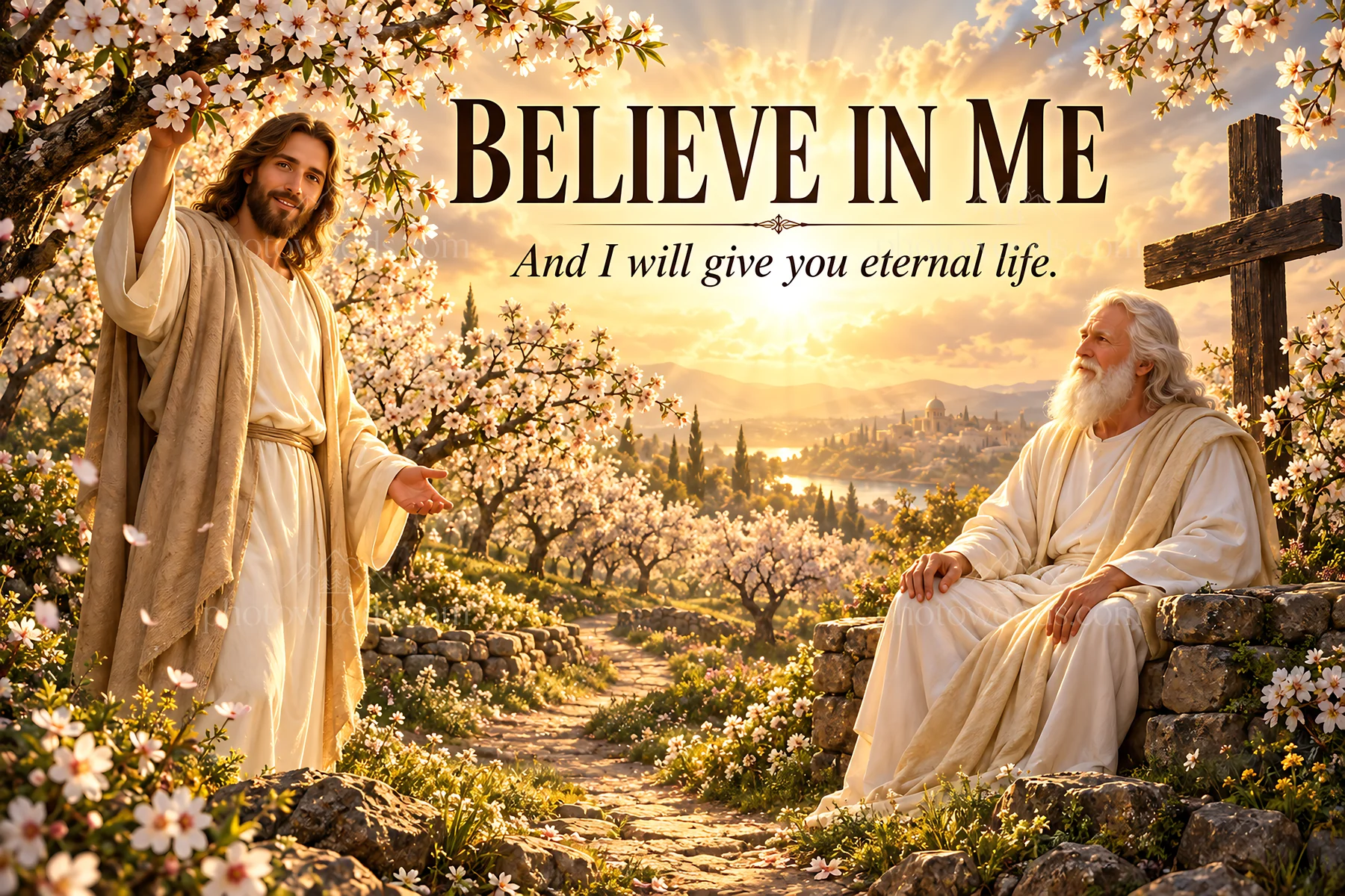 Jesus Christ offering eternal life in a serene garden scene - AI-generated stock image