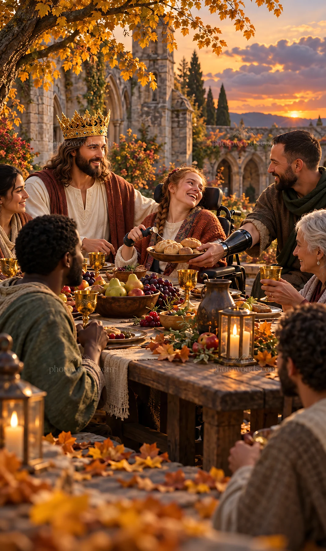 Jesus Christ sharing a meal with friends in a garden setting - AI-generated stock image