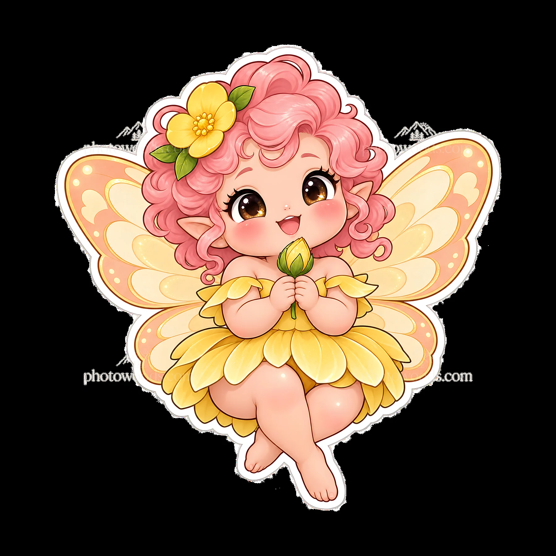 Kawaii fairy character with pink hair and flower dress - AI-generated stock image