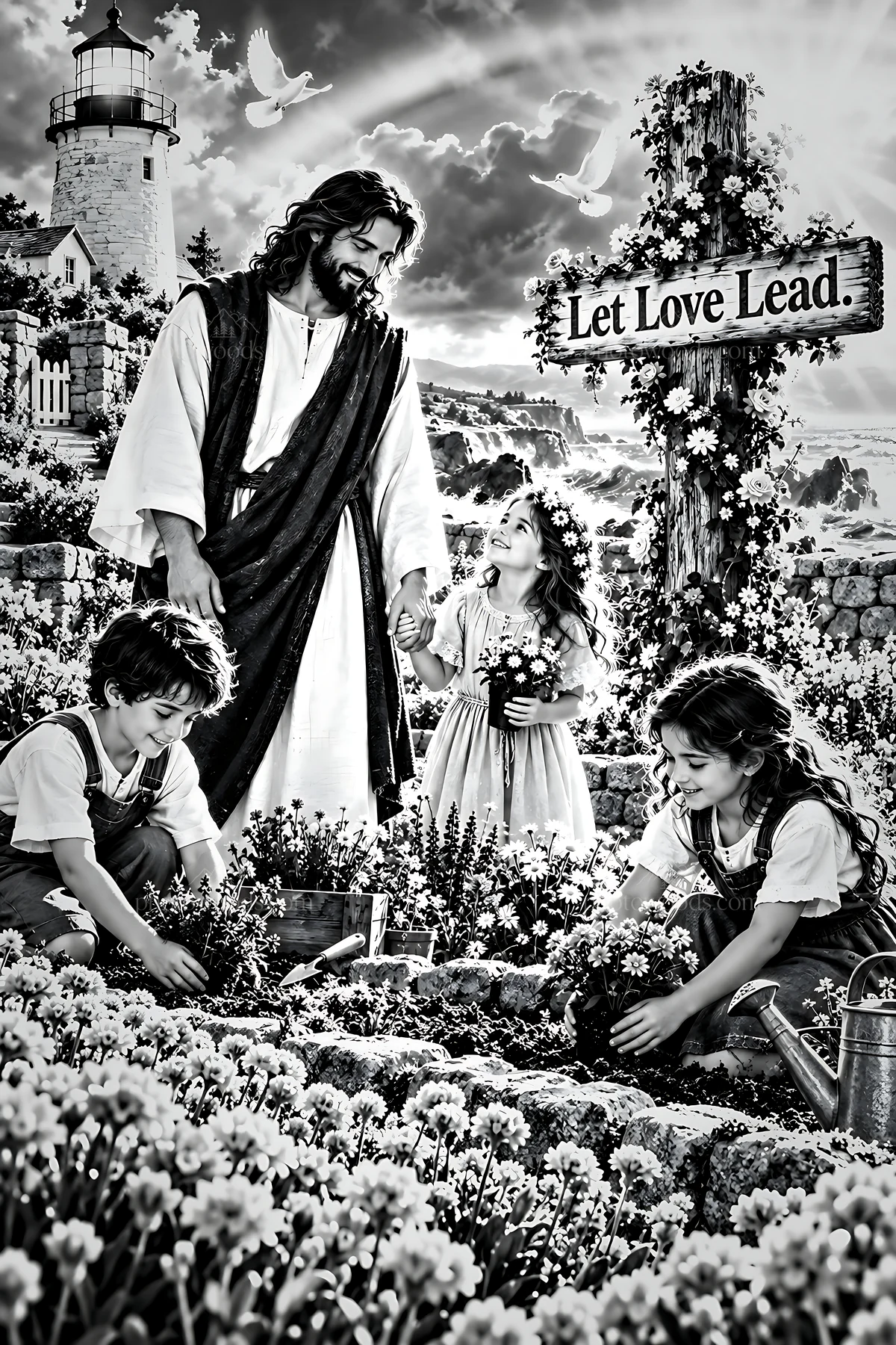 Steadfast love at the lighthouse with children and flowers - AI-generated stock image