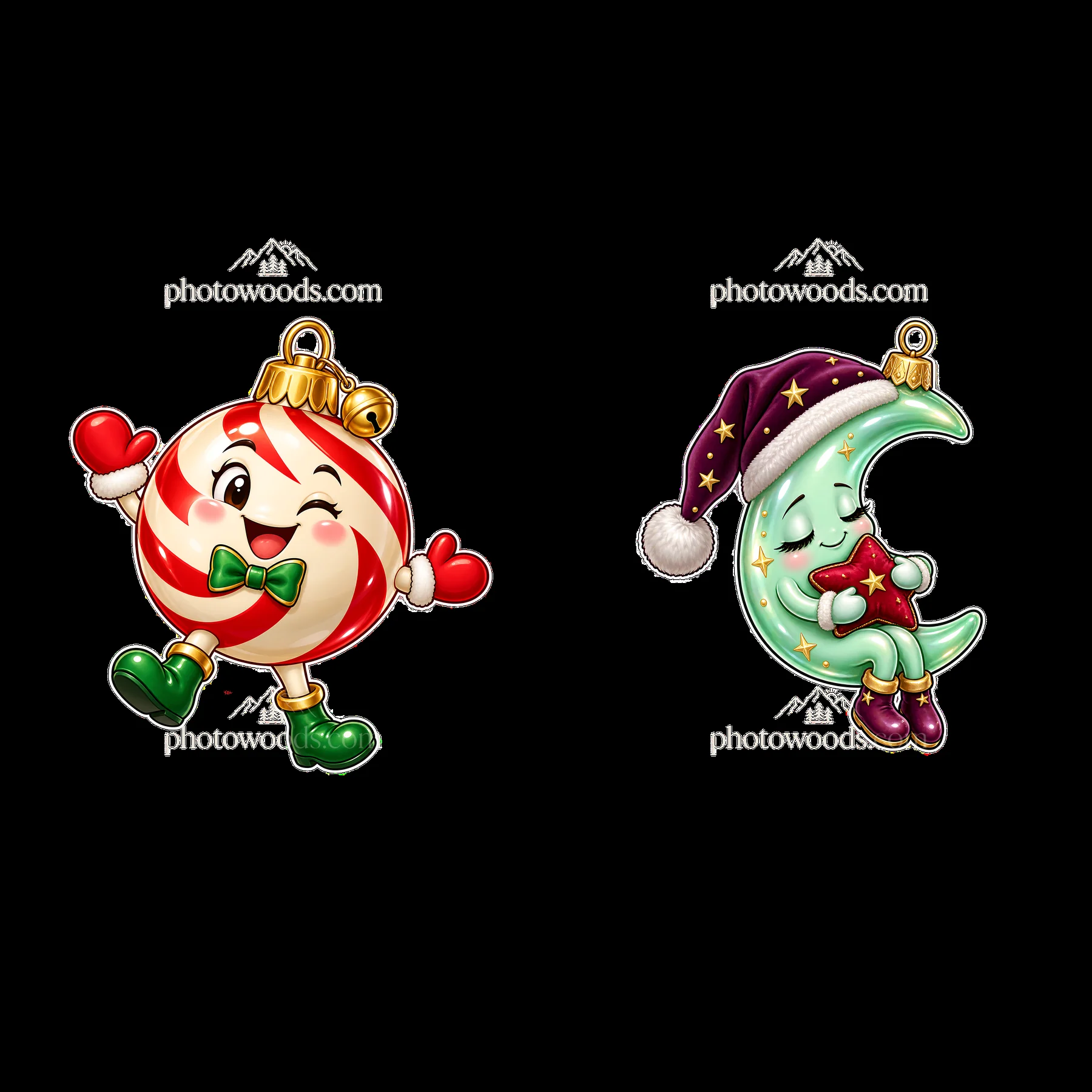 Candy ornament and moon ornament cartoon stickers for Christmas - AI-generated stock image