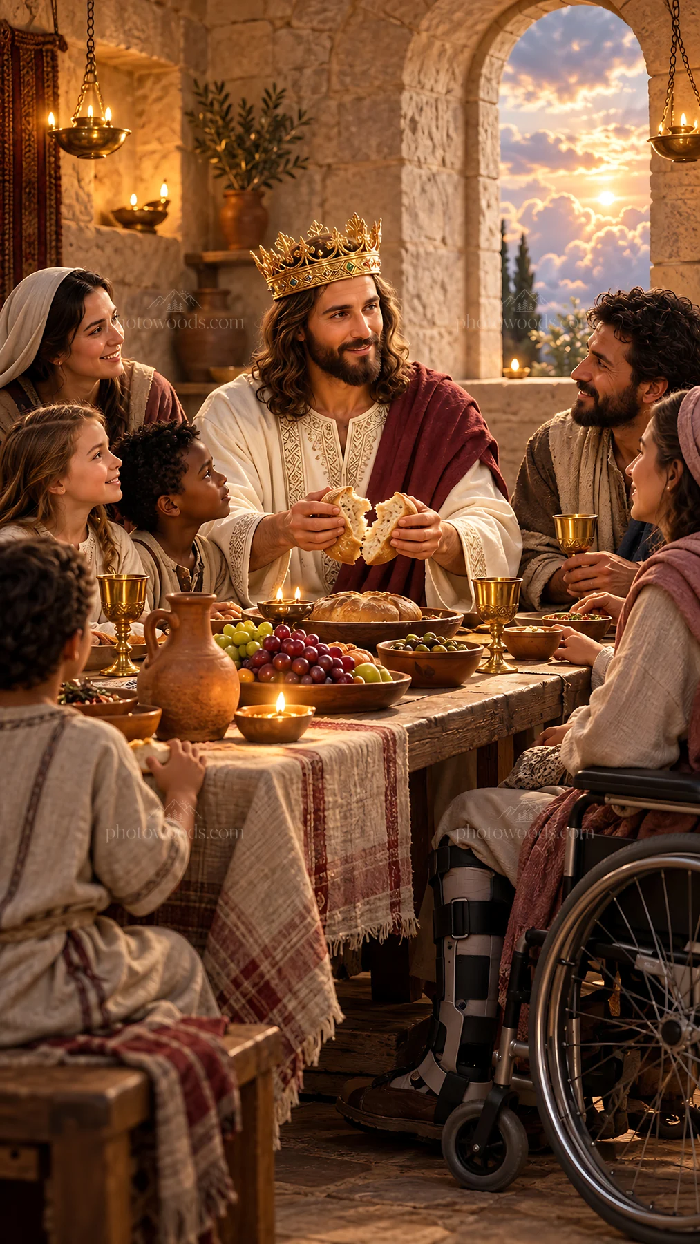 Jesus Christ sharing a meal with followers - AI-generated stock image
