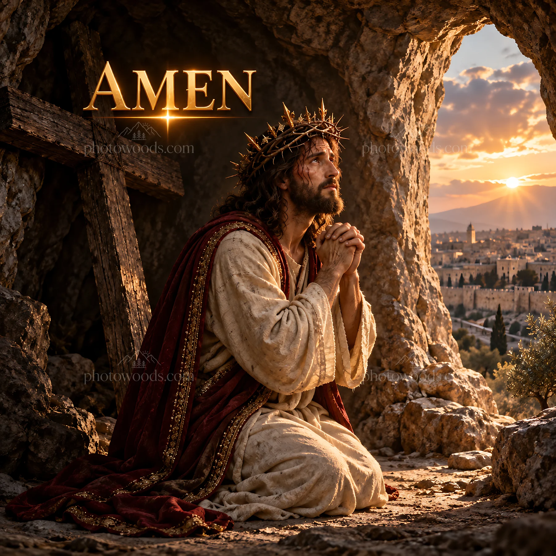 Jesus Christ praying in a cave with a cross in the background - AI-generated stock image