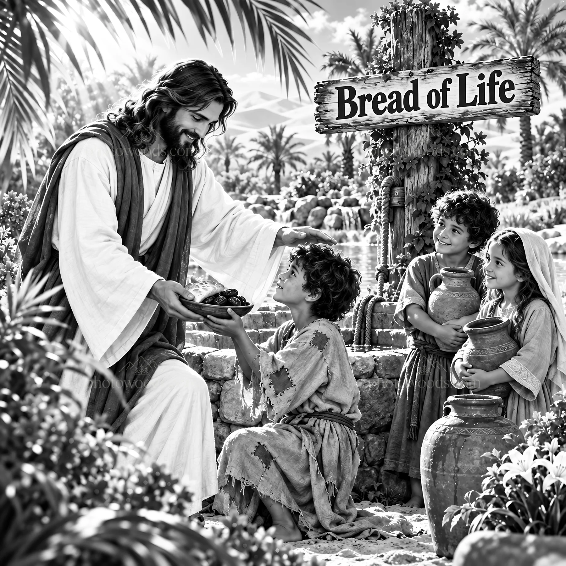 Jesus Christ sharing food with children in a garden setting - AI-generated stock image