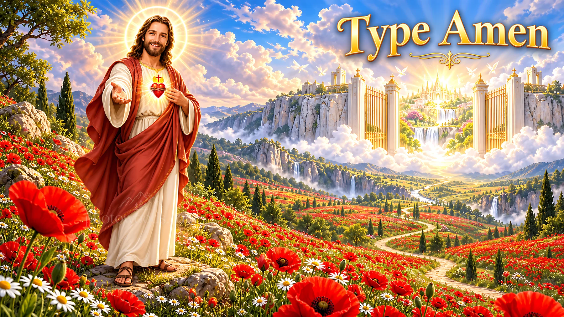 Jesus in a valley of poppies with a scenic background - AI-generated stock image