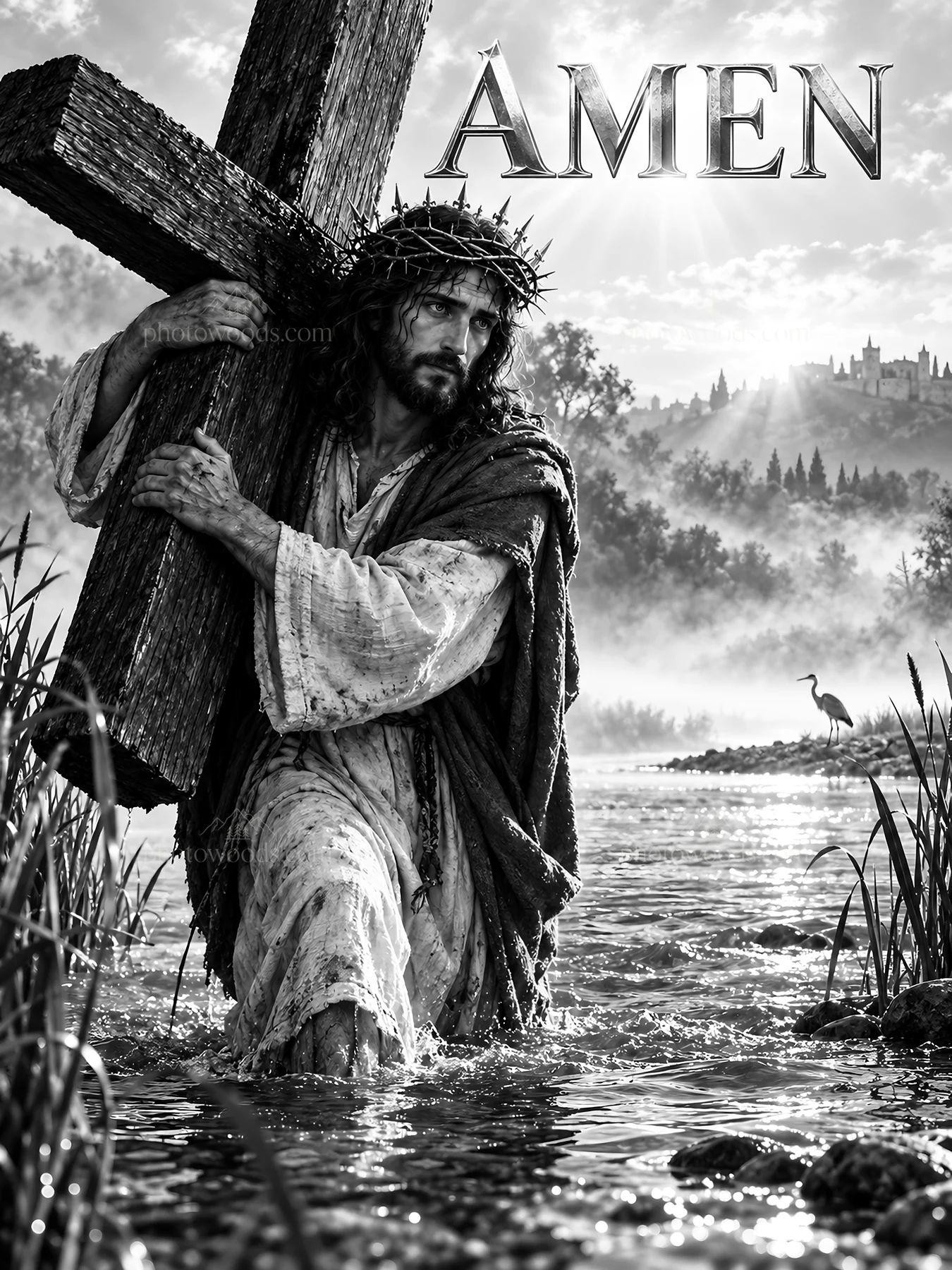 Jesus Christ carrying the cross through a river - AI-generated stock image