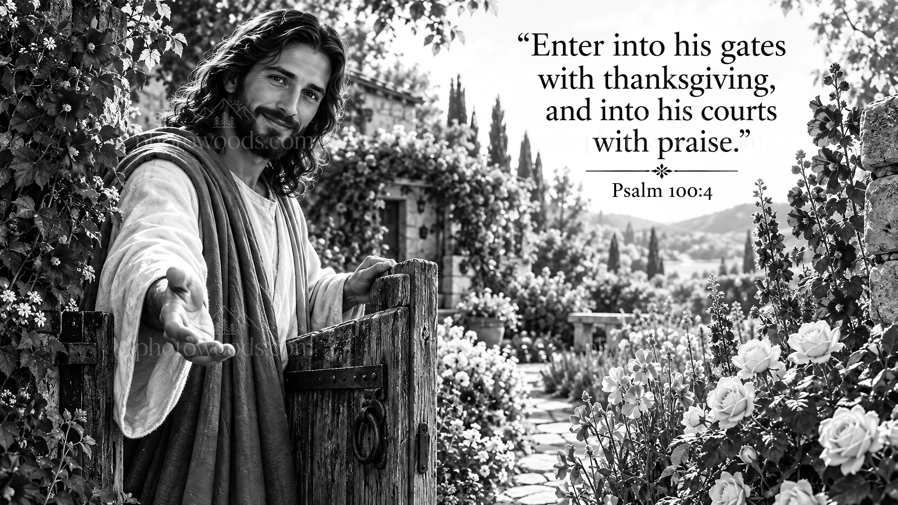 Jesus Christ welcoming viewers with open arms - AI-generated stock image